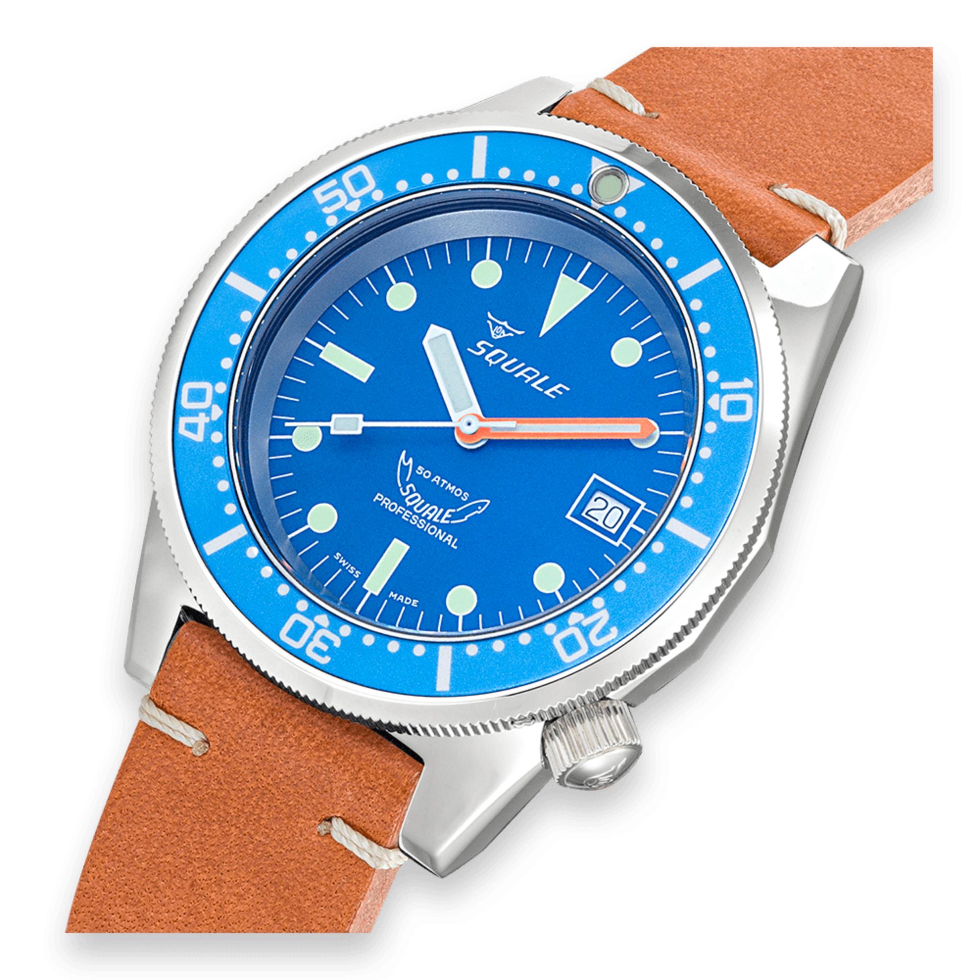 Squale 1521 Ocean Automatic Sunray Blue Dial Leather Strap Men's Watch 1521OCN.PC