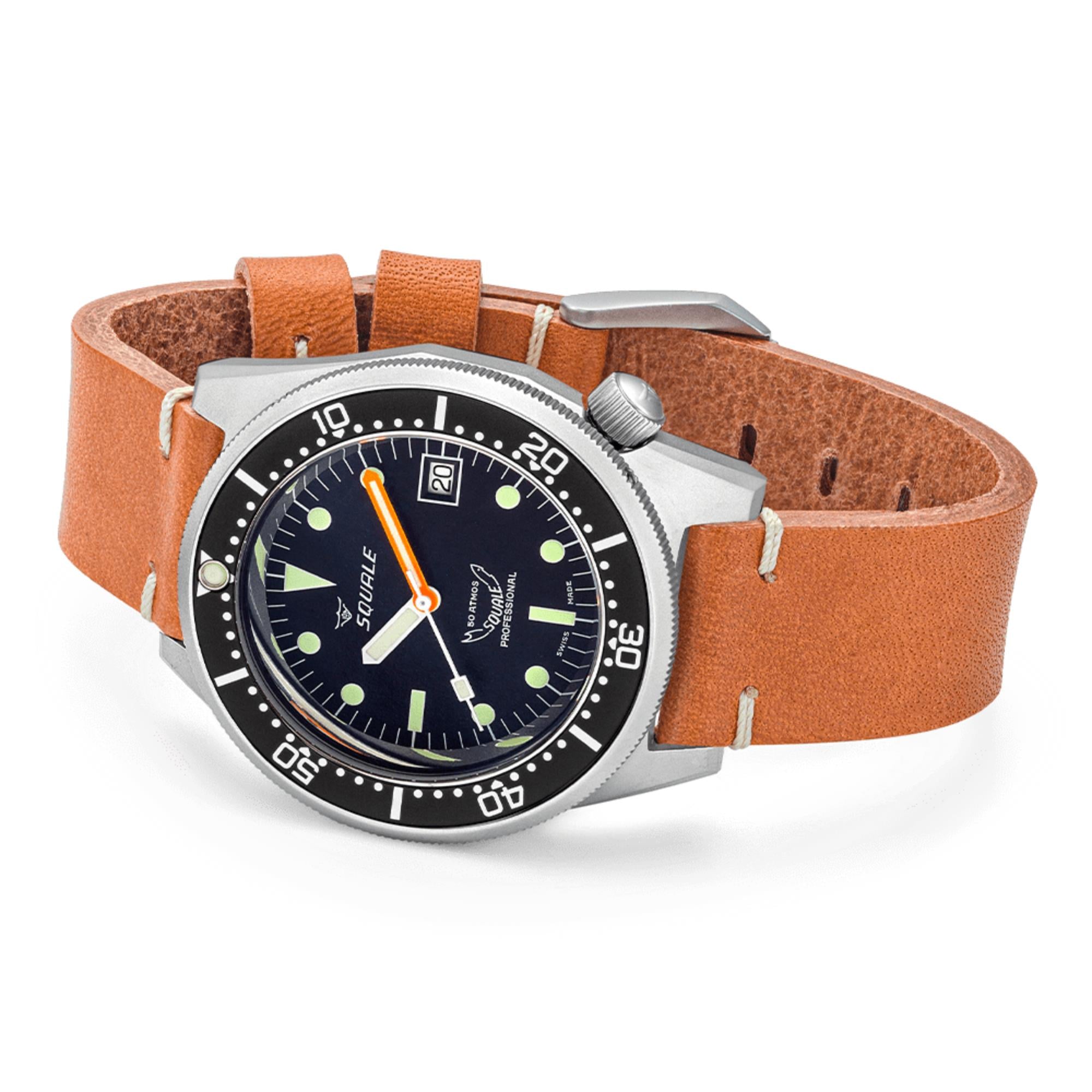 Squale 1521 Black Blasted Automatic Black Dial Leather Strap Men's Watch 1521BKBL.PC