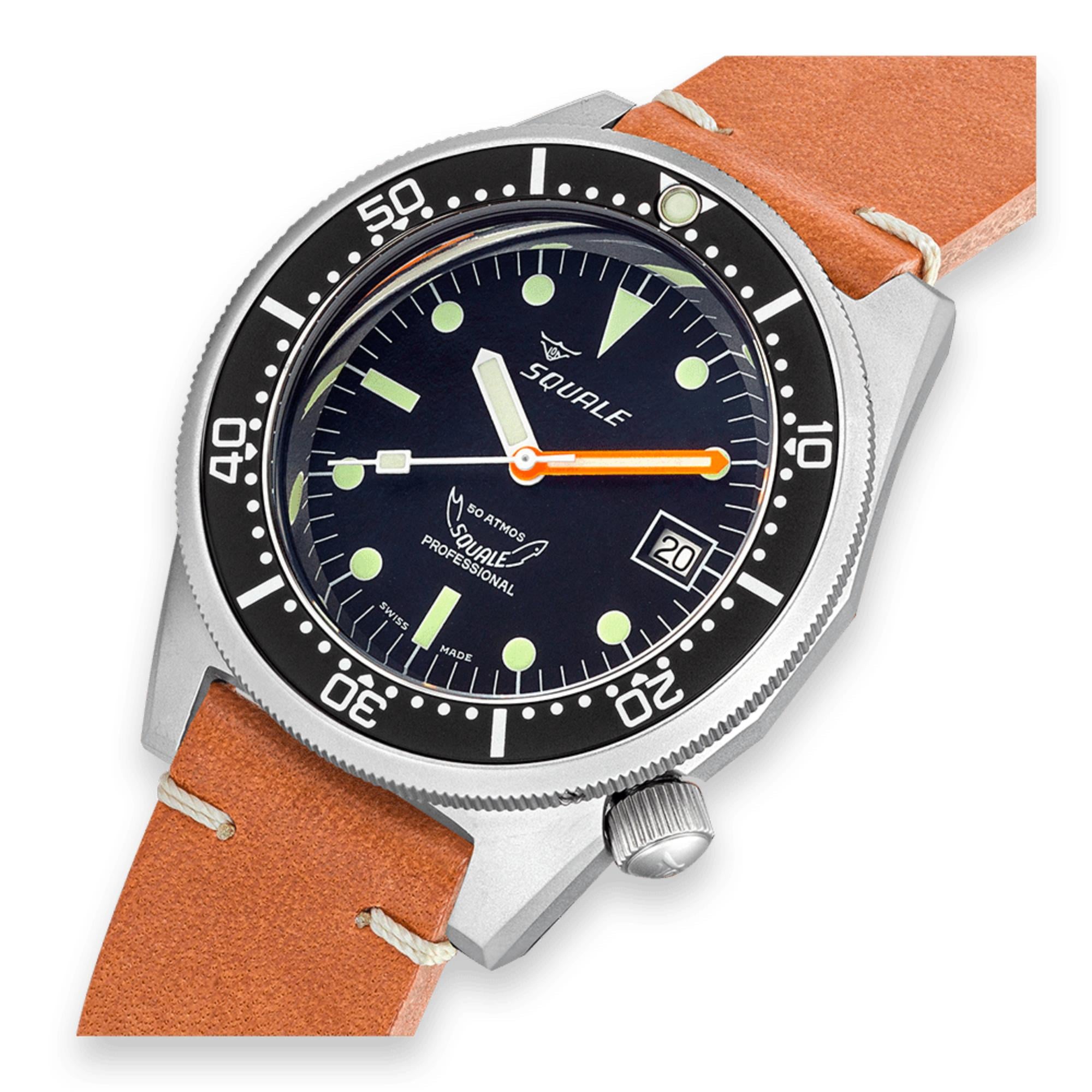 Squale 1521 Black Blasted Automatic Black Dial Leather Strap Men's Watch 1521BKBL.PC