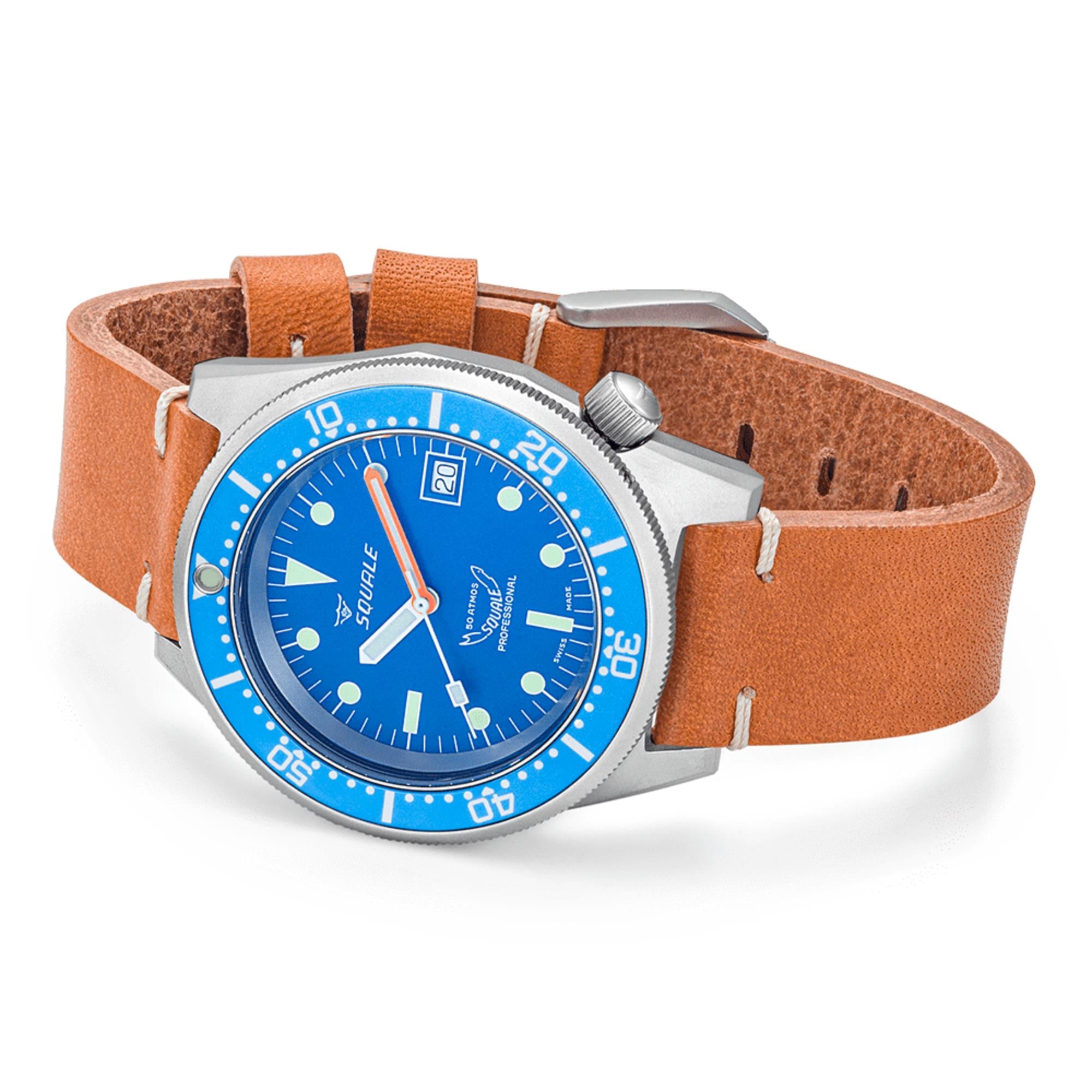 Squale 1521 Blue Blasted Automatic Blue Dial Leather Strap Men's Watch 1521BLUEBL.PC