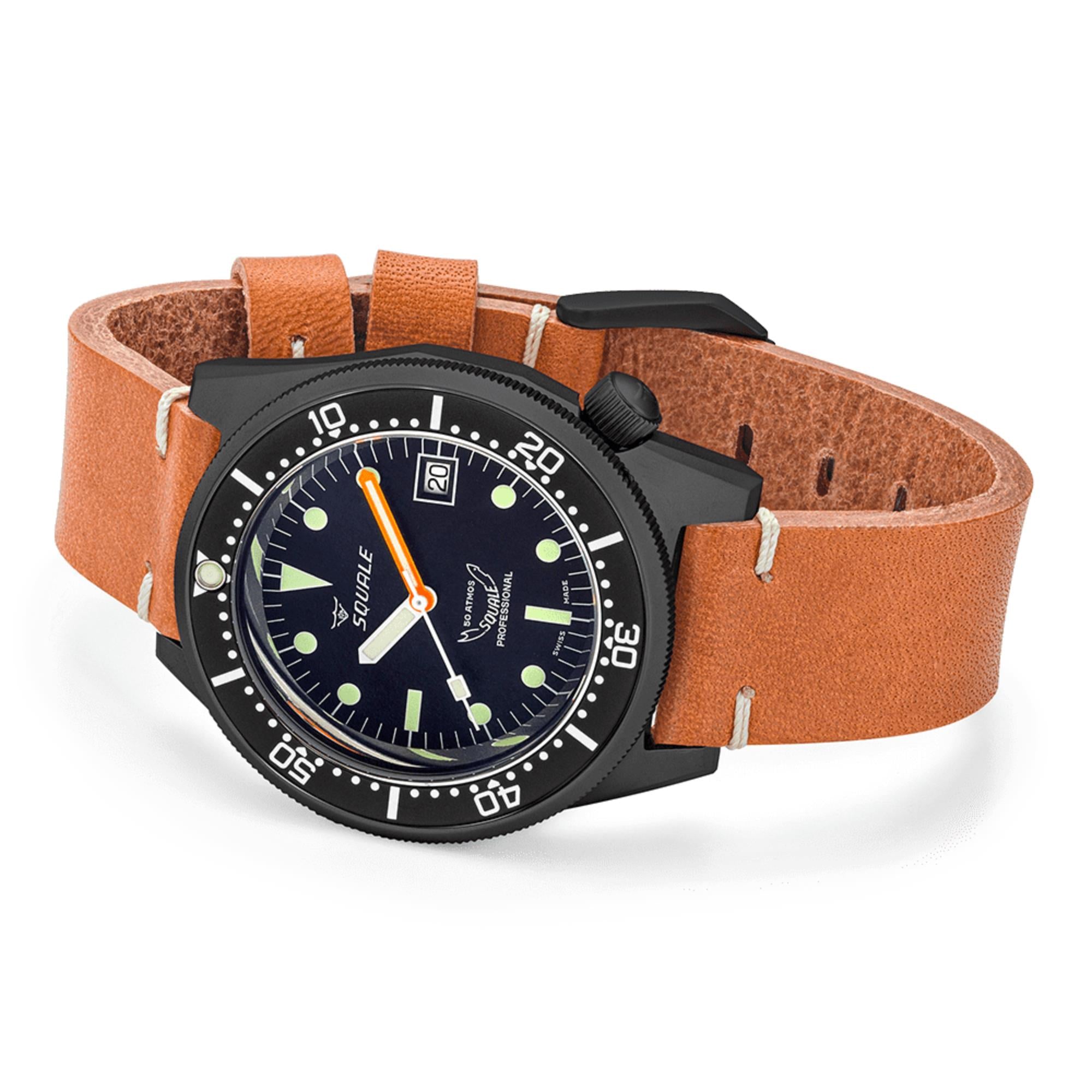 Squale 1521 PVD Automatic Black Dial Leather Strap Men's Watch 1521PVD.PC