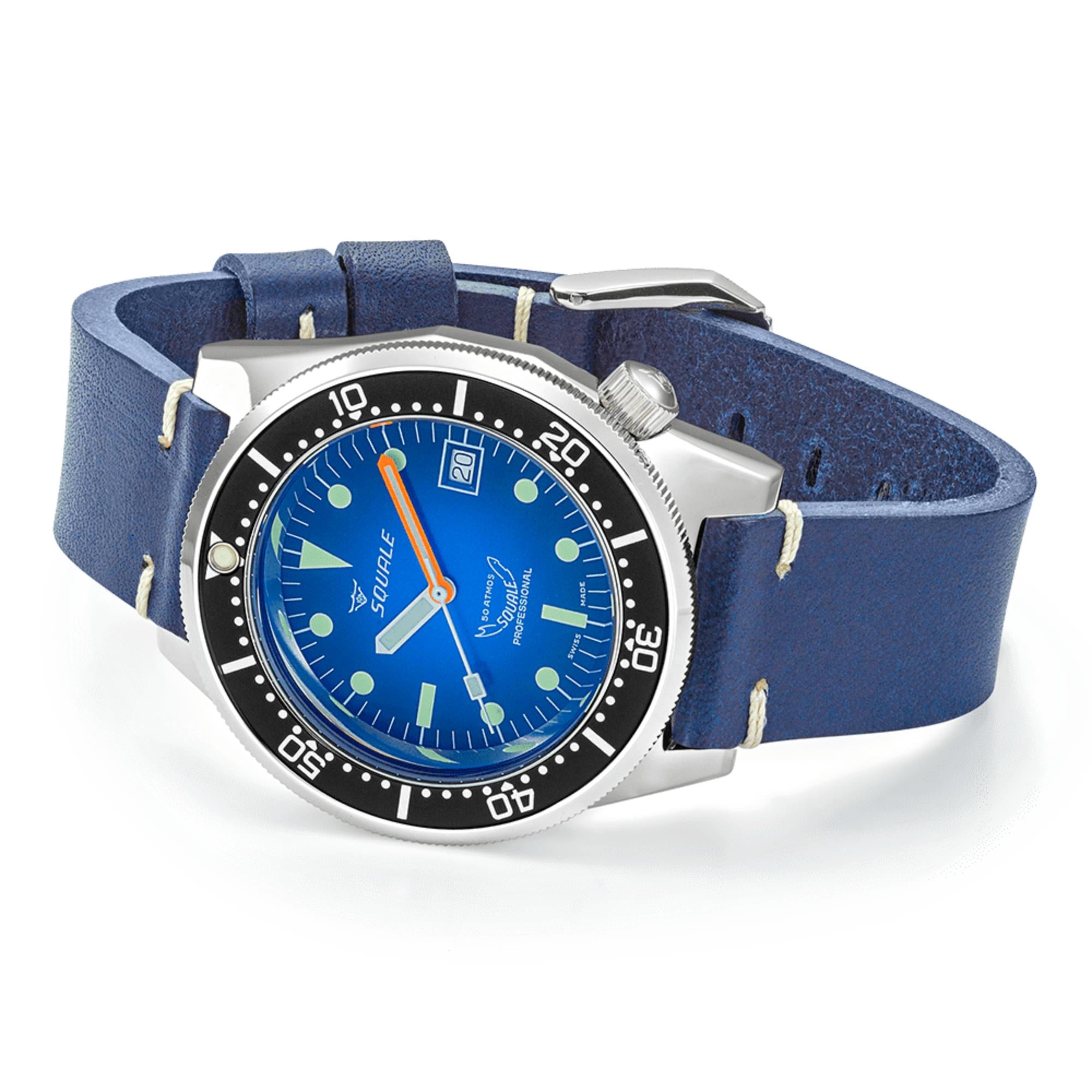 Squale 1521 Blue Ray Automatic Blue Dial Leather Strap Men's Watch 1521PROFD.PB