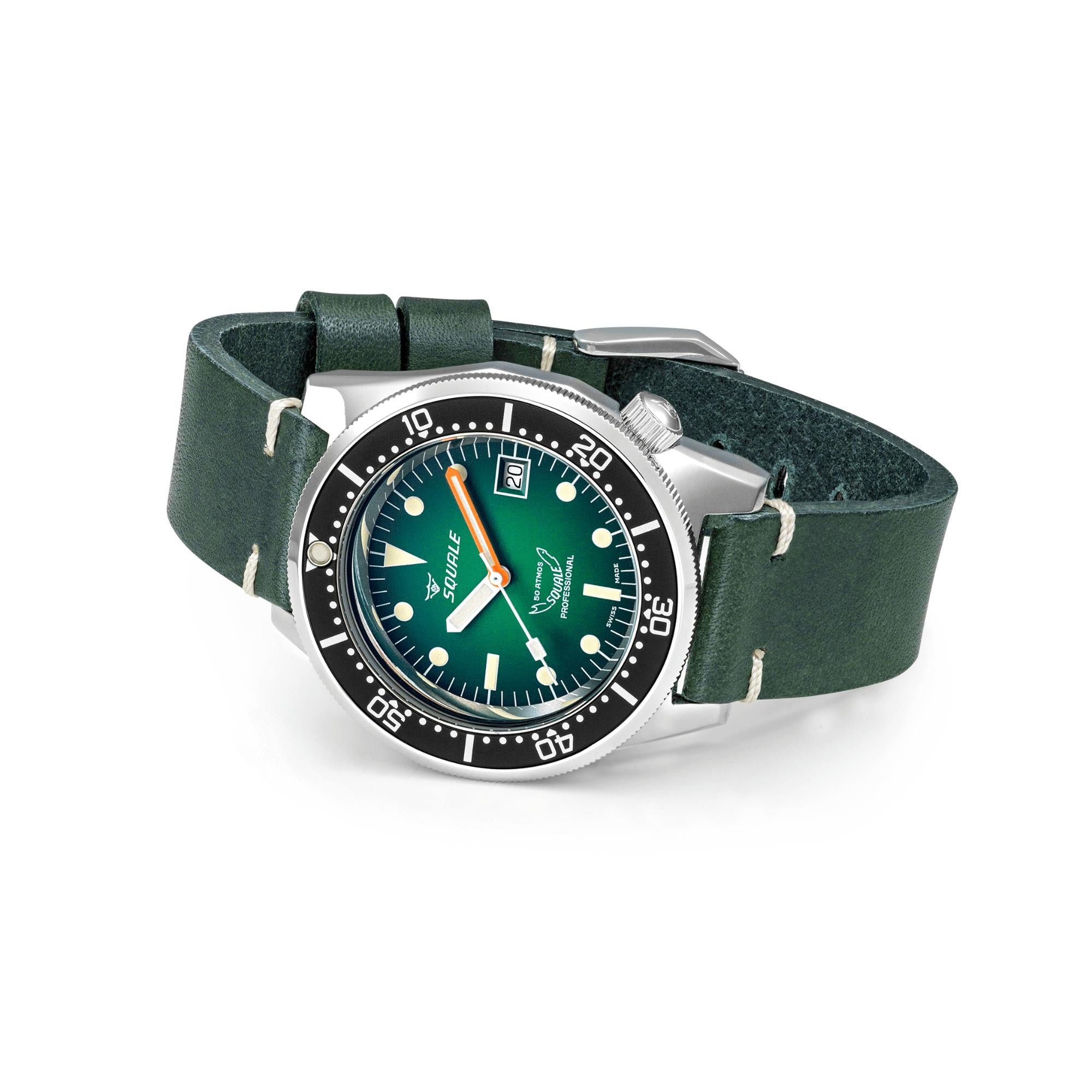 Squale 1521 Green Ray Automatic Green Dial Leather Strap Men's Watch 1521PROFGR.PVE