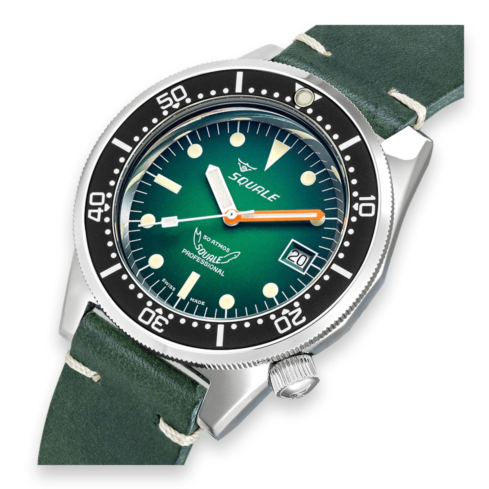 Squale 1521 Green Ray Automatic Green Dial Leather Strap Men's Watch 1521PROFGR.PVE