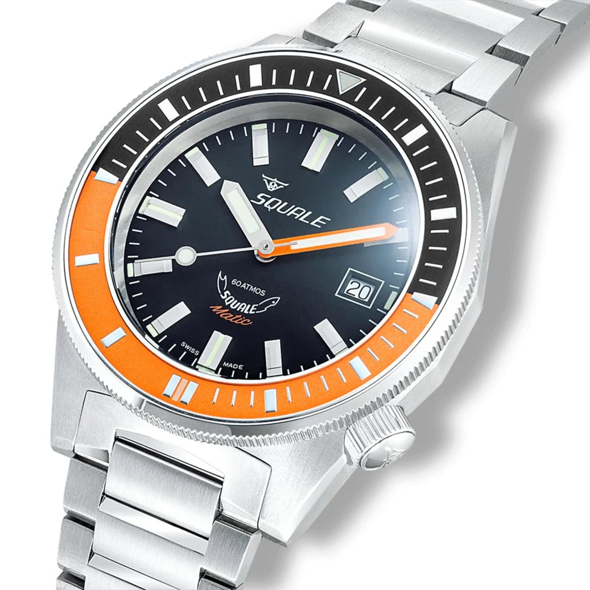 Squale Matic Satin Orange Automatic Black Dial Steel Strap Men's Watch MATICXSC.SQ22B