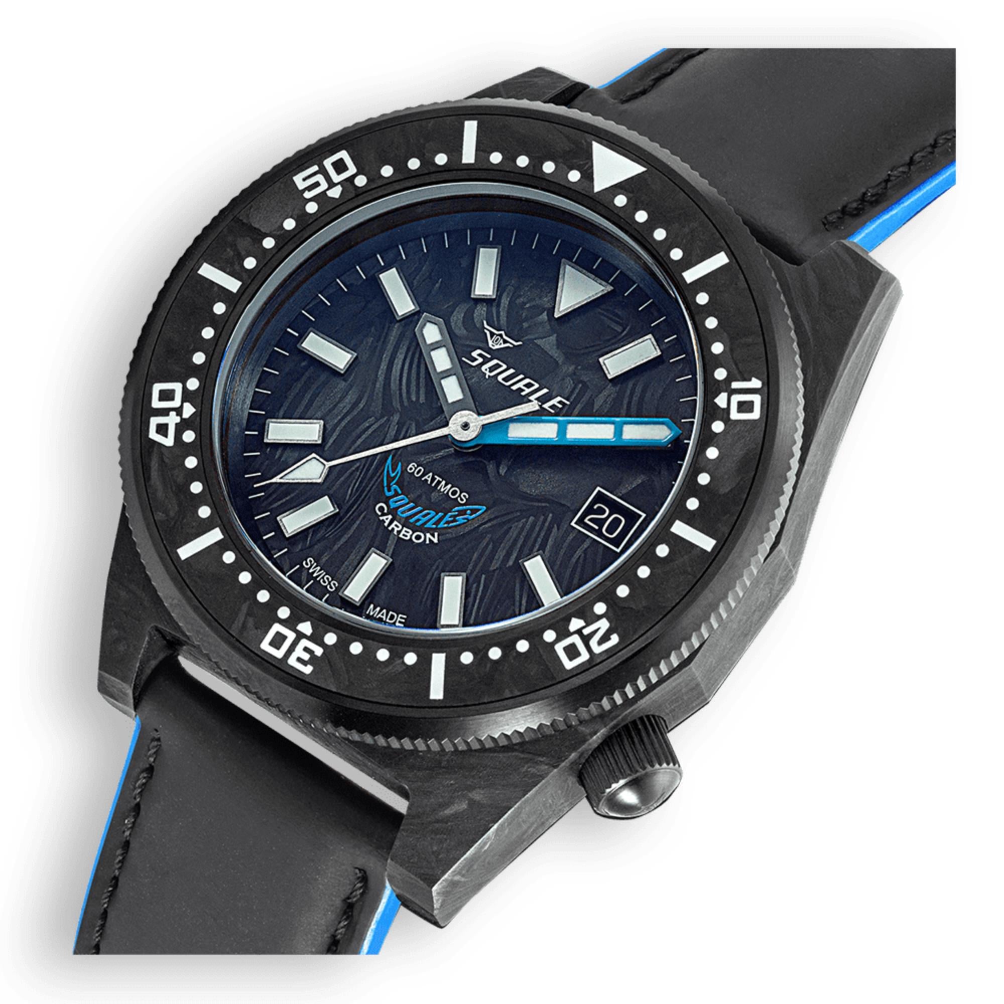 Squale T-183 Forged Carbon Blue Automatic Blue Carbon Dial Leather Strap Men's Watch T183AFCBL.RLBL