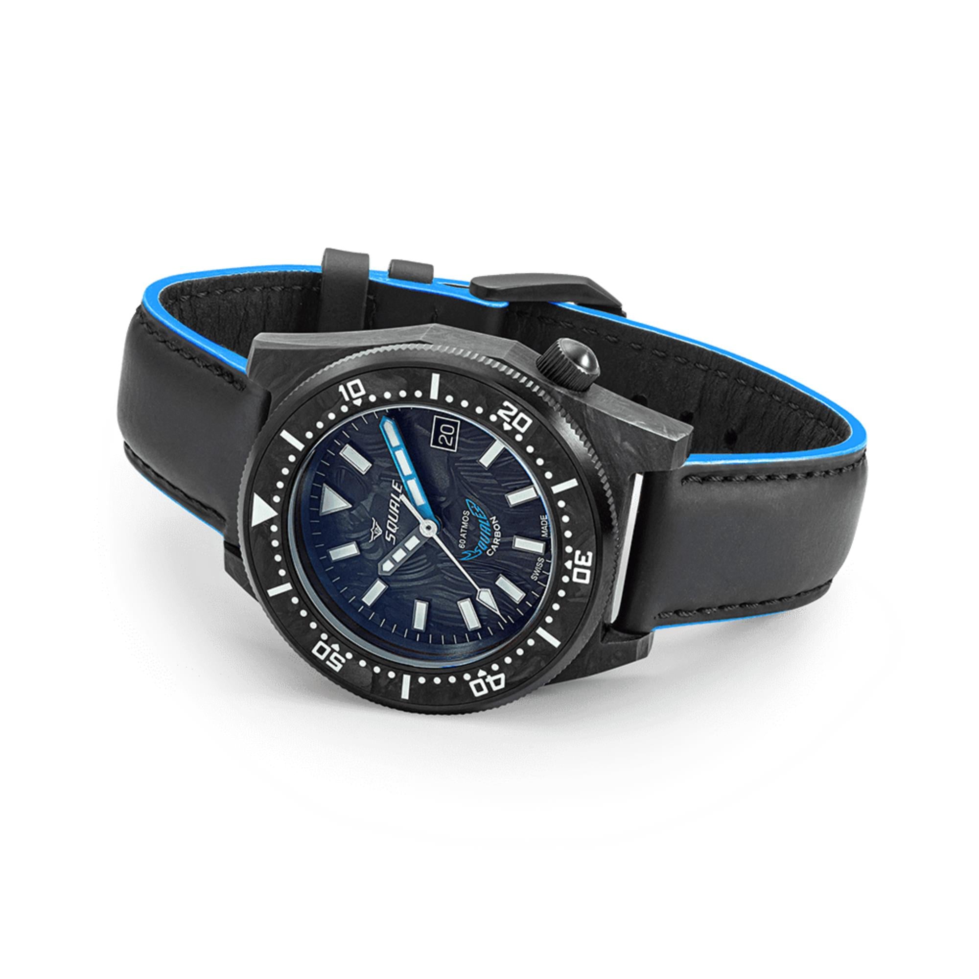 Squale T-183 Forged Carbon Blue Automatic Blue Carbon Dial Leather Strap Men's Watch T183AFCBL.RLBL
