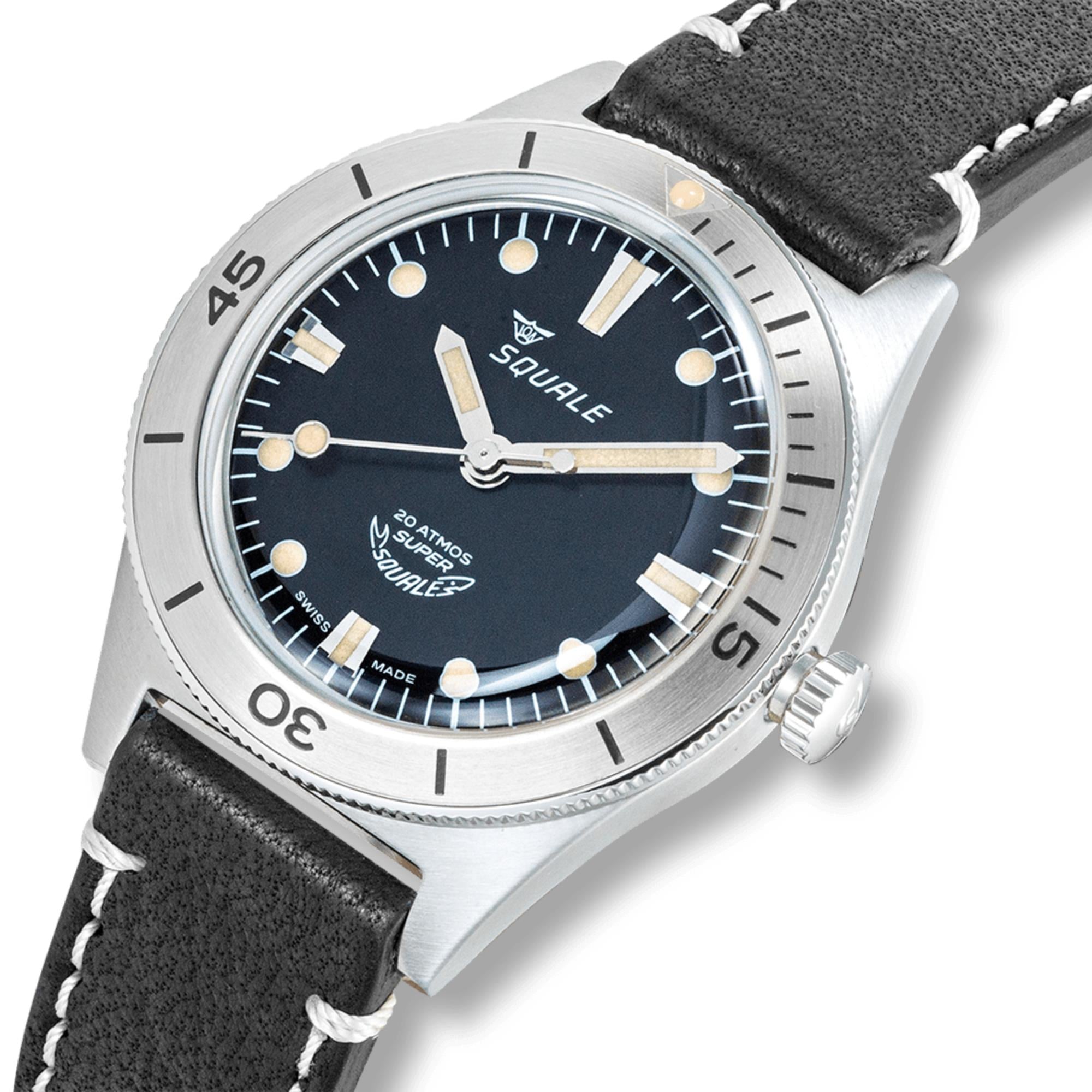 Squale Super-Squale Sunray Automatic Black Dial Leather Strap Men's Watch SUPERSSBK.PN