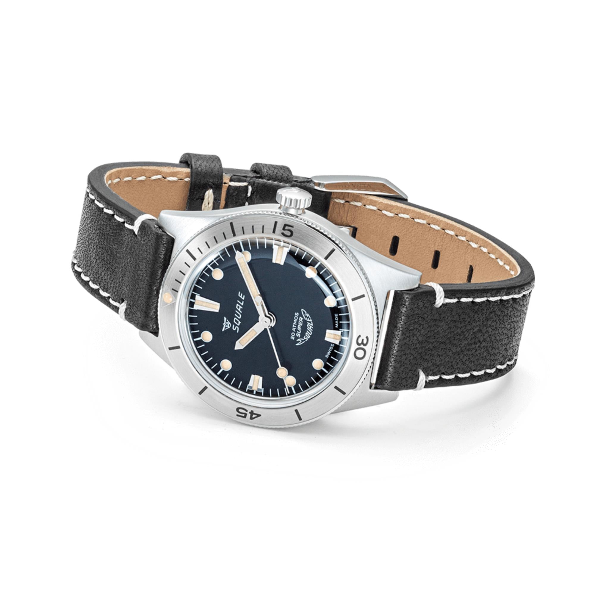 Squale Super-Squale Sunray Automatic Black Dial Leather Strap Men's Watch SUPERSSBK.PN