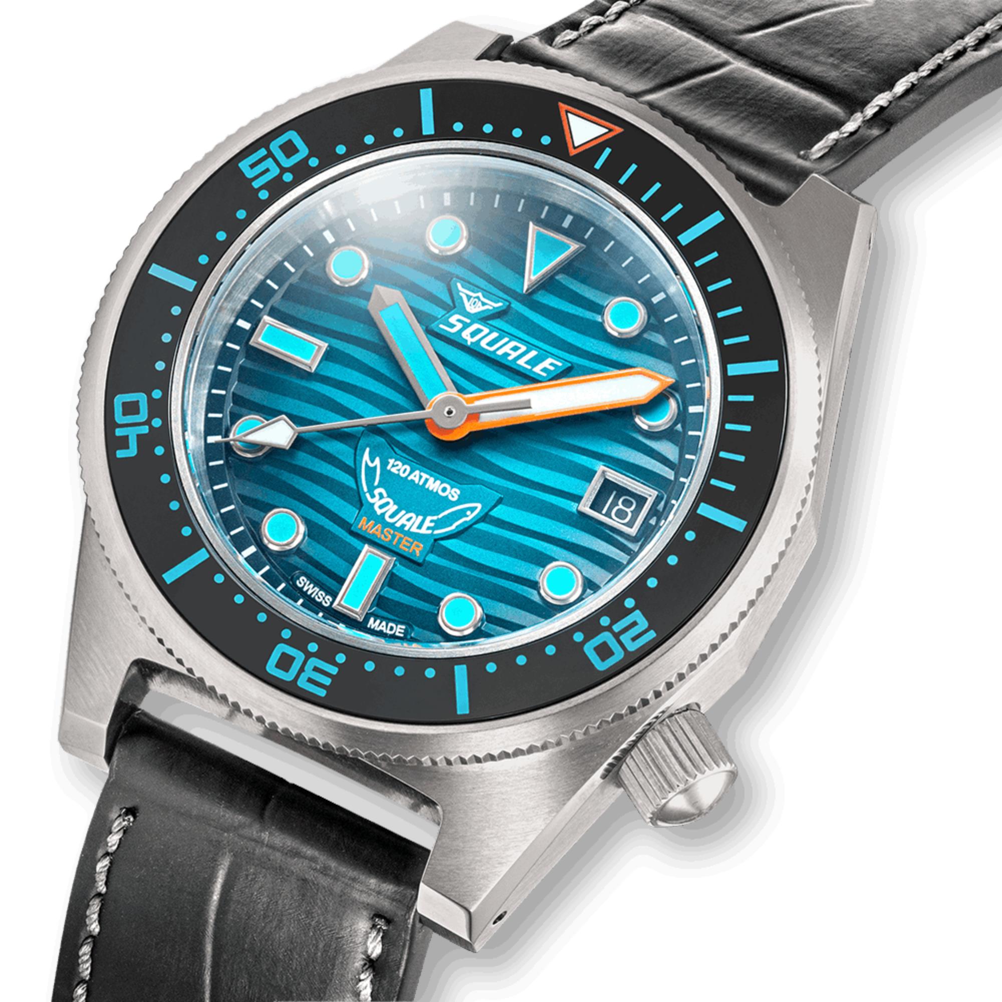 Squale Master Grand Vert Automatic Teal Dial Leather Strap Men's Watch MASTIBKGR.RAL