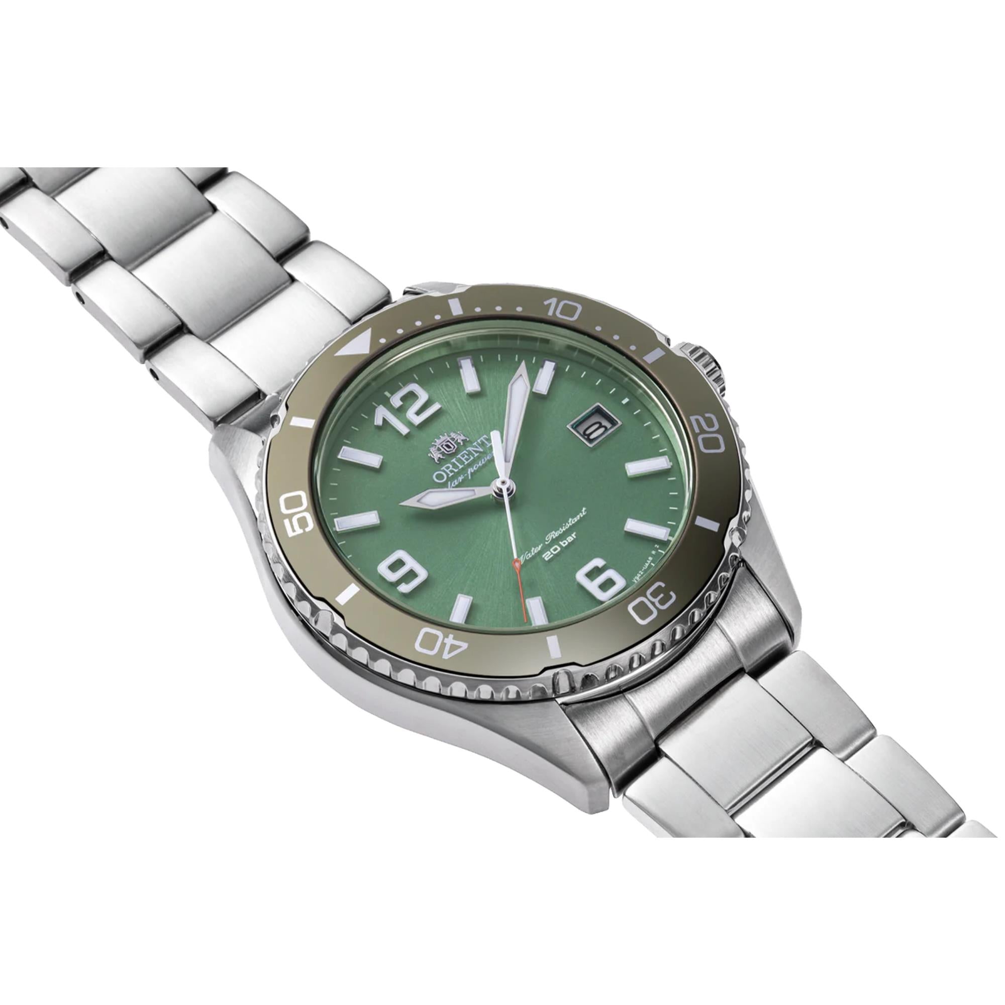 Orient Mako Solar Quartz Green Dial Steel Strap Men's Watch RA-WJ0001E10B