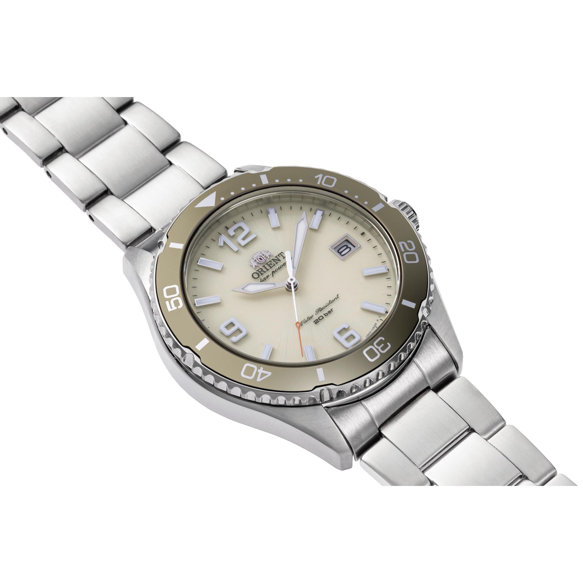 Orient Mako Solar Quartz Ivory Dial Steel Strap Men's Watch RA-WJ0003S10B