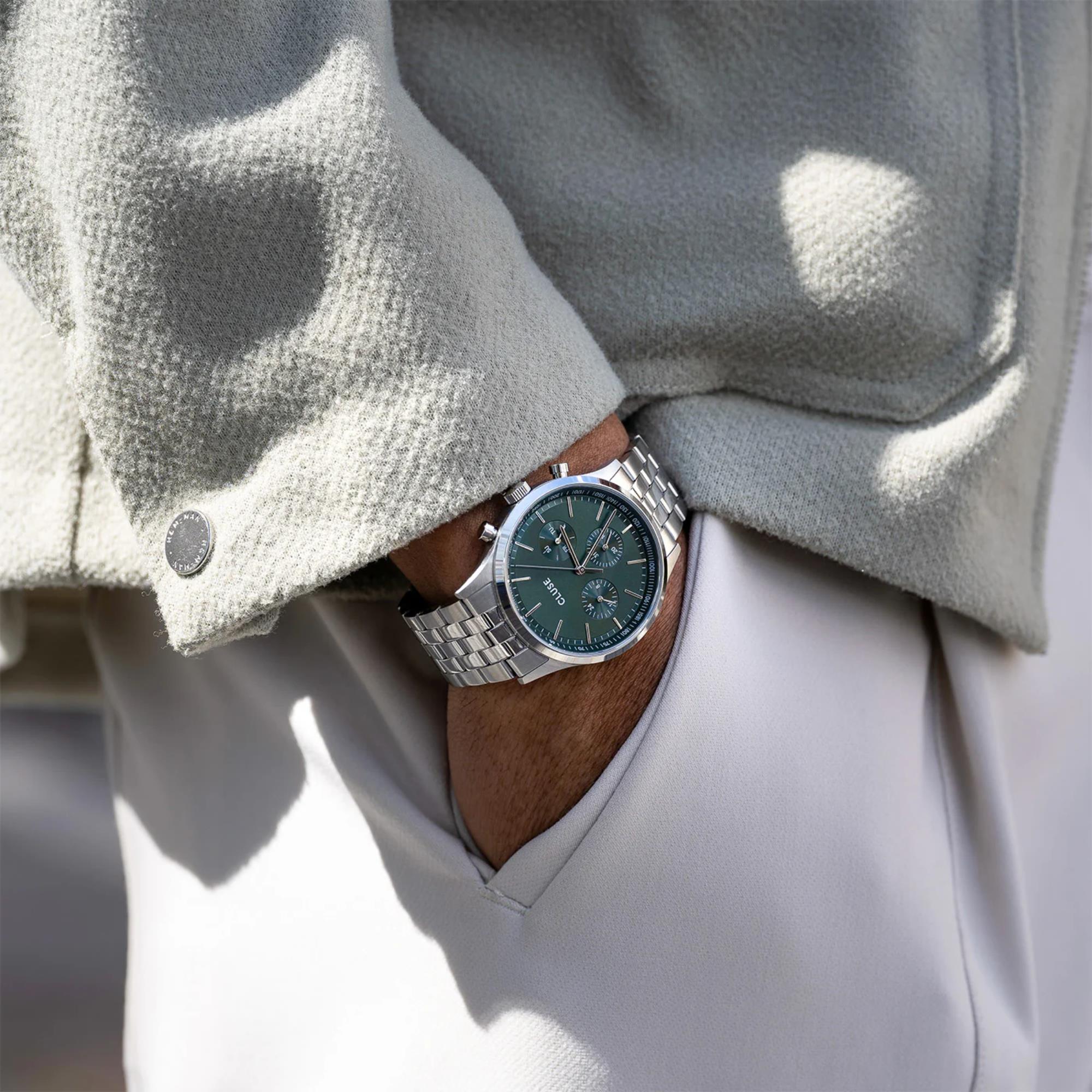 CLUSE Anthéor Quartz Chronograph Green Dial Steel Strap Men's Watch CW21002