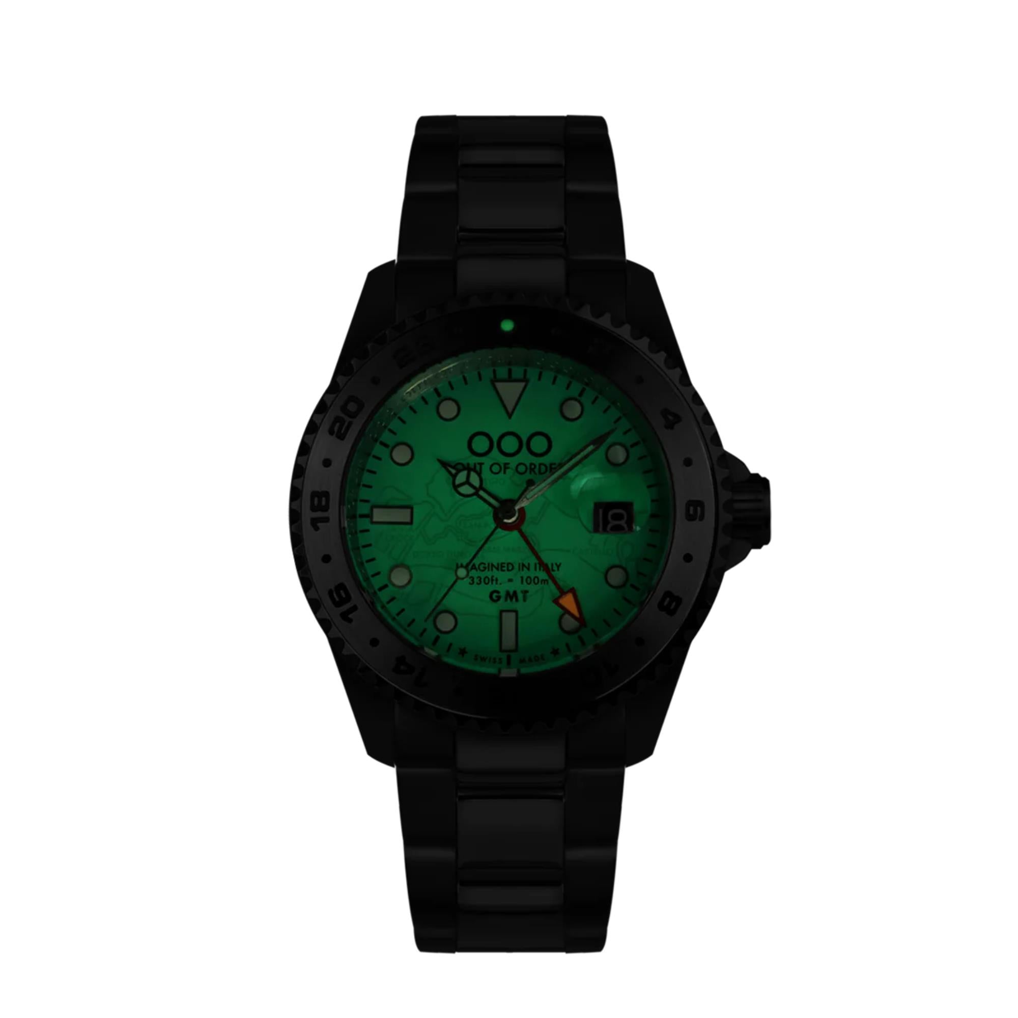 Out of Order Swiss GMT Venezia Ultra Brushed Green Dial Steel Strap Men's Watch OOO.001-19.VE.SS