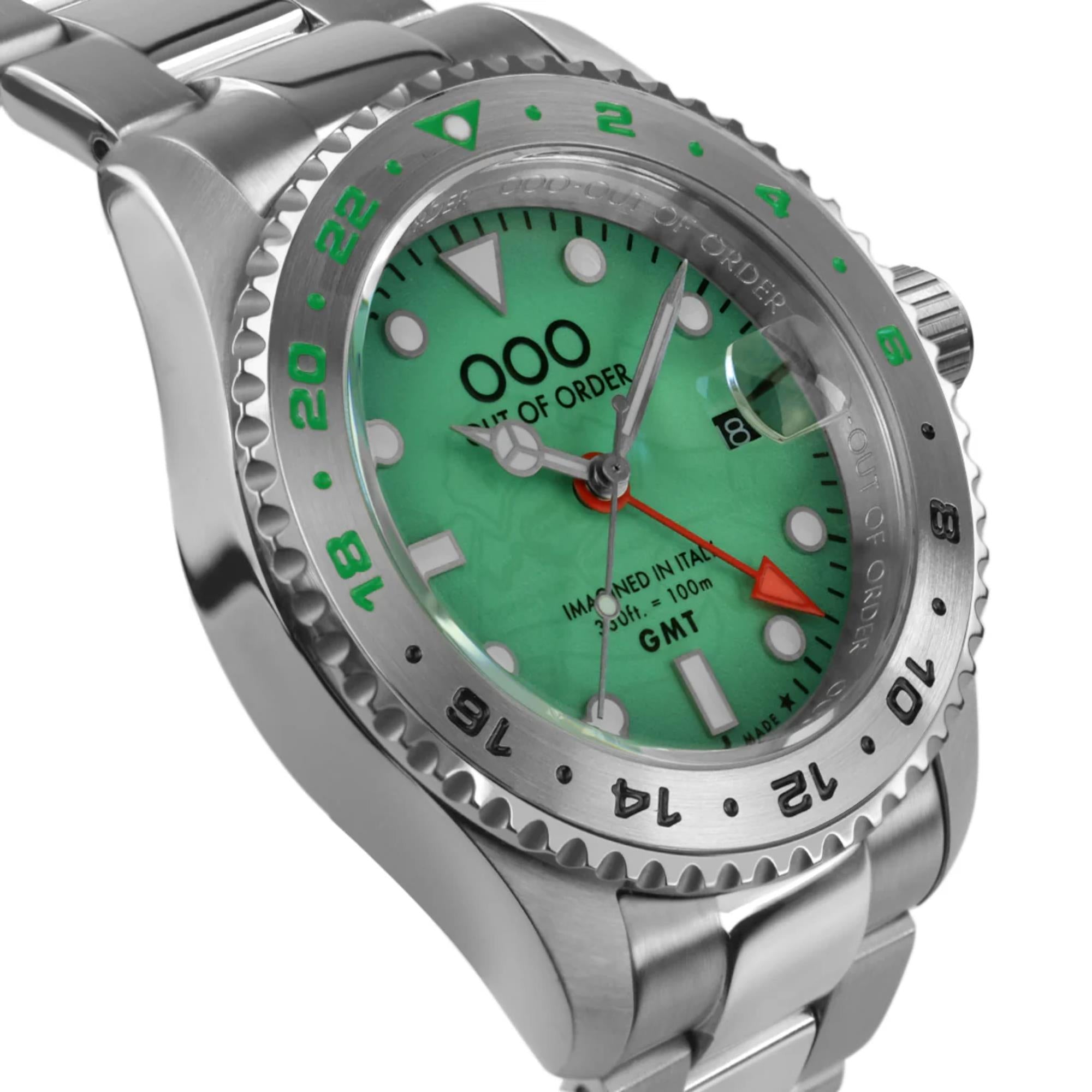Out of Order Swiss GMT Venezia Ultra Brushed Green Dial Steel Strap Men's Watch OOO.001-19.VE.SS