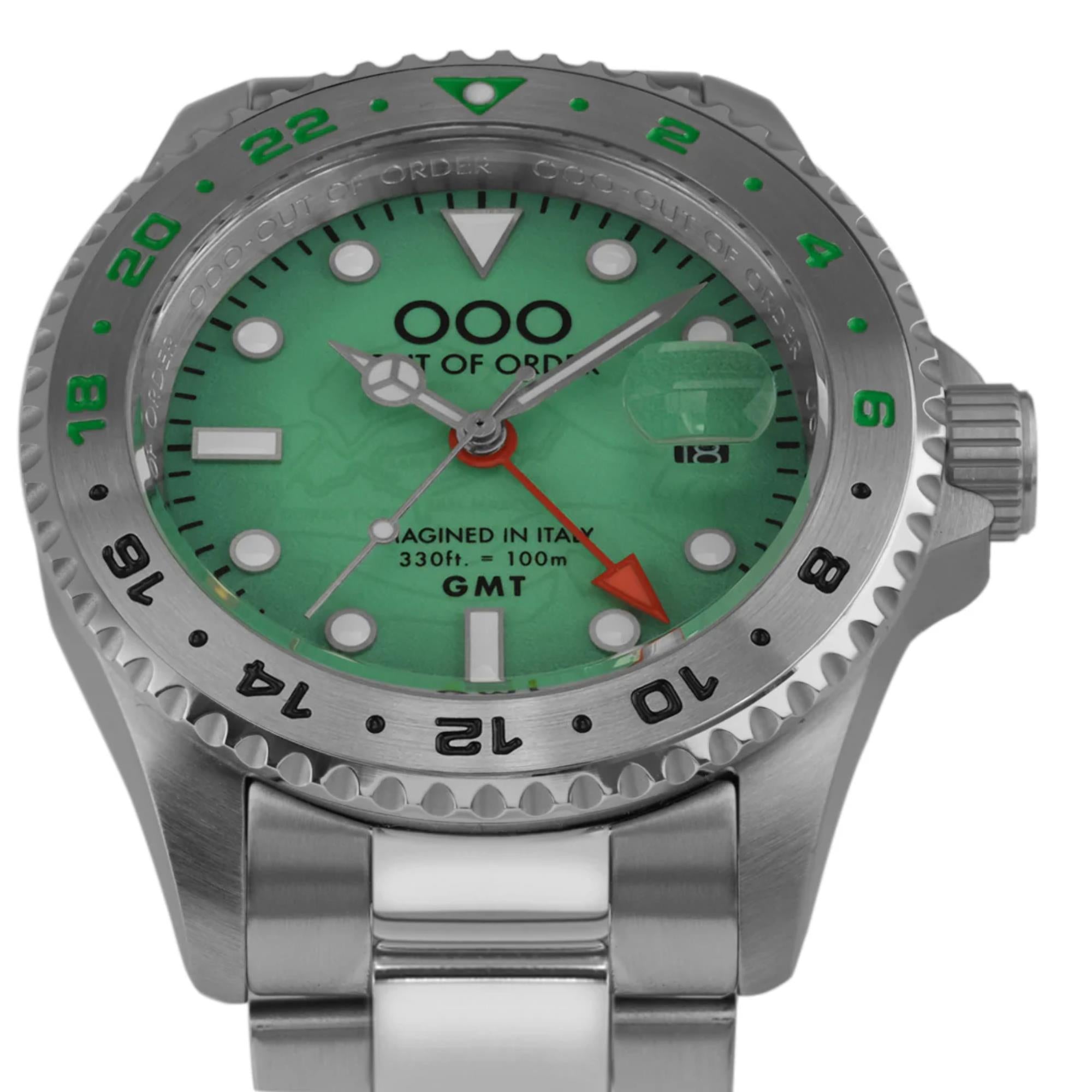 Out of Order Swiss GMT Venezia Ultra Brushed Green Dial Steel Strap Men's Watch OOO.001-19.VE.SS