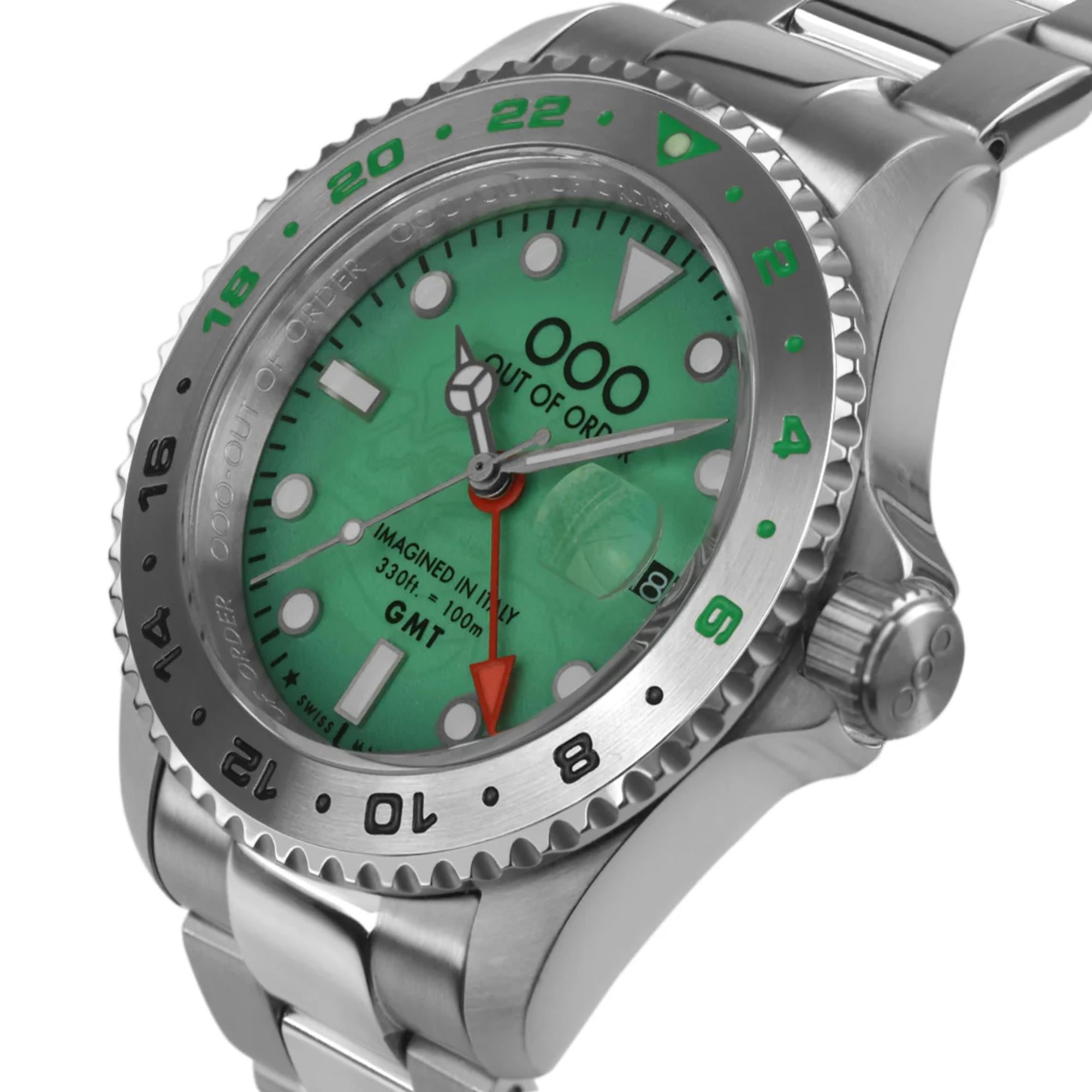Out of Order Swiss GMT Venezia Ultra Brushed Green Dial Steel Strap Men's Watch OOO.001-19.VE.SS