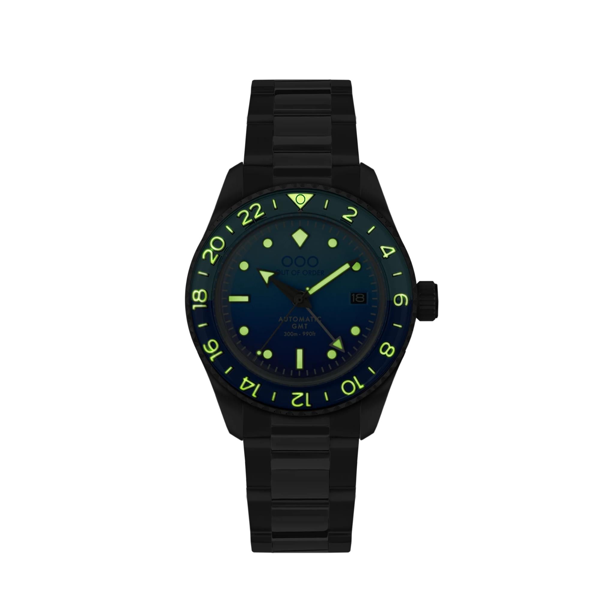 Out Of Order Bomba Blu Shaker Automatic GMT Ultra-Brushed Blue Dial Steel Strap Men's Watch OOO.001-25.BB.BAND.SS