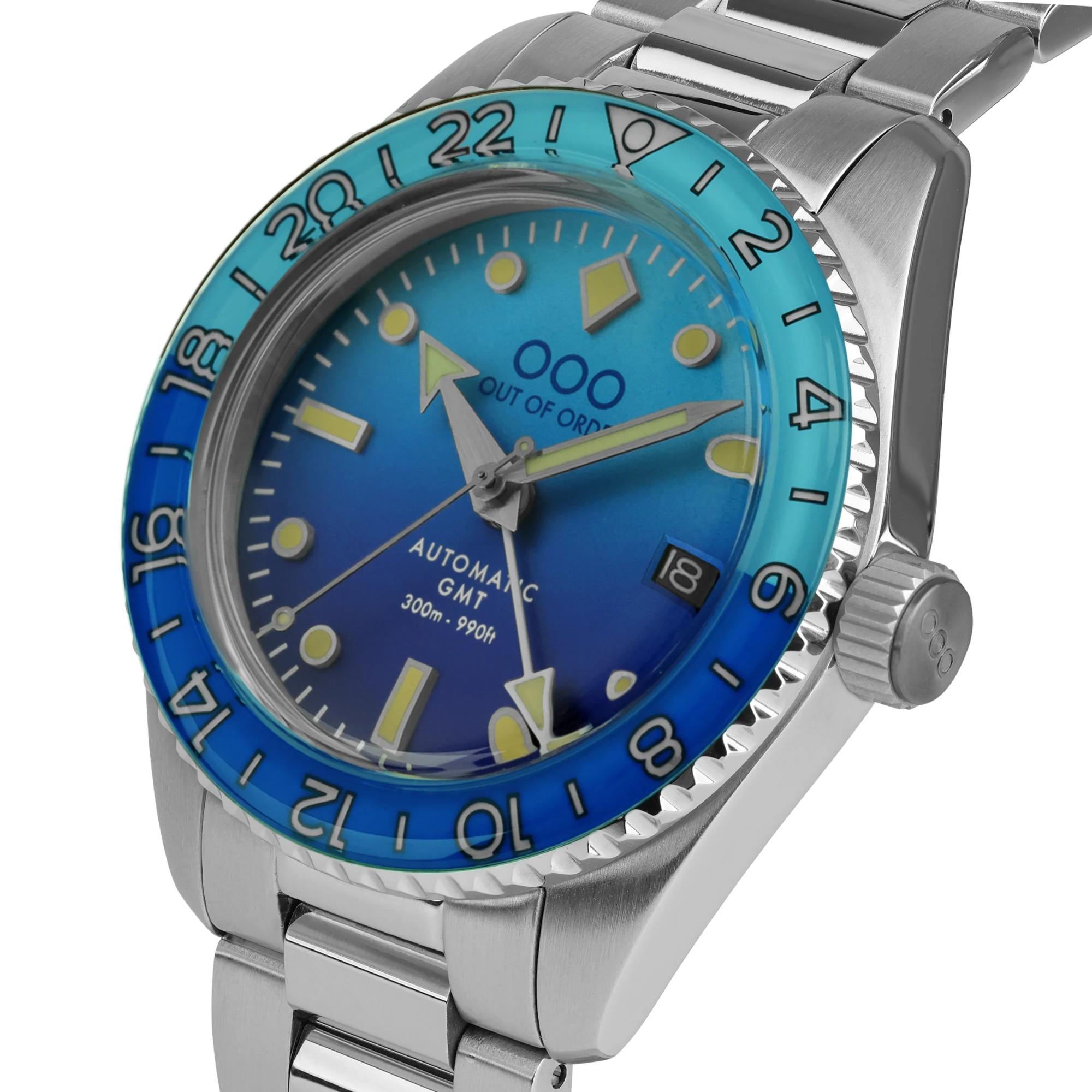 Out Of Order Bomba Blu Shaker Automatic GMT Ultra-Brushed Blue Dial Steel Strap Men's Watch OOO.001-25.BB.BAND.SS