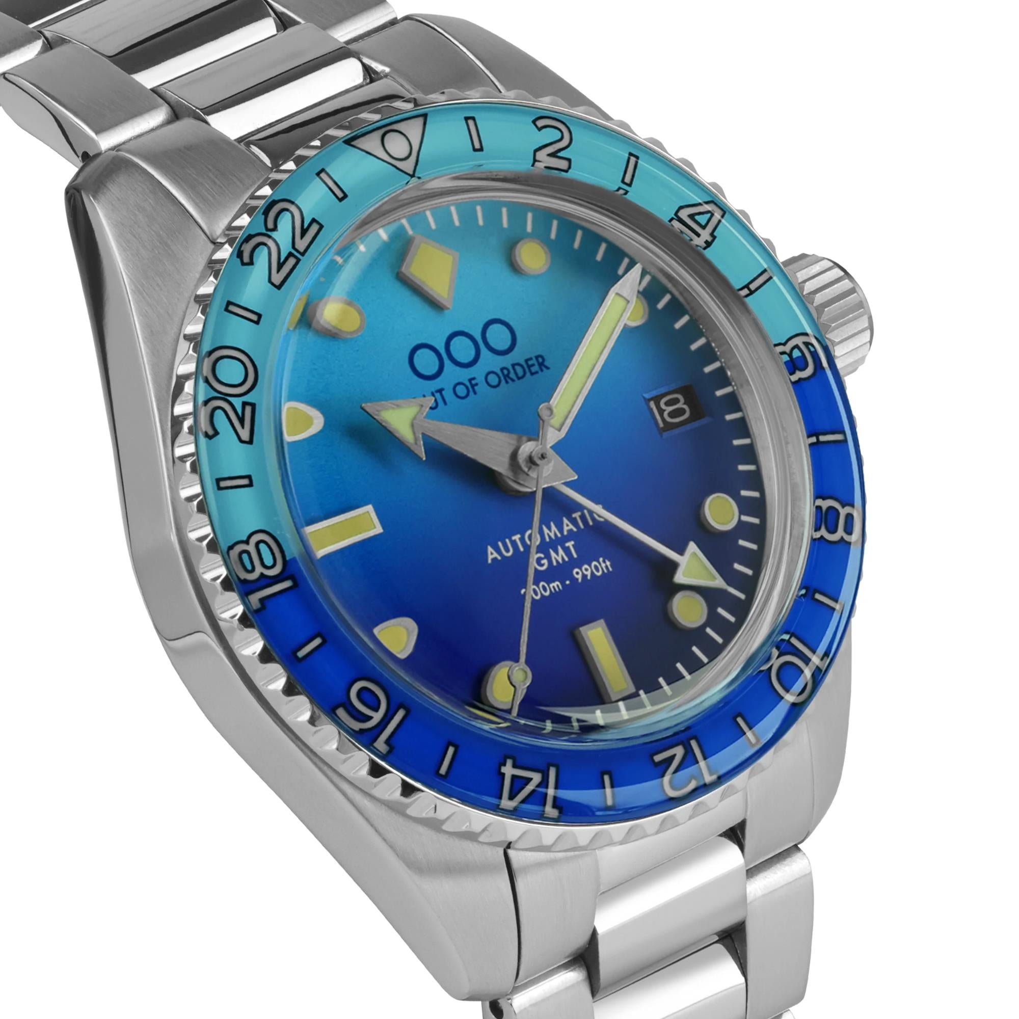 Out Of Order Bomba Blu Shaker Automatic GMT Ultra-Brushed Blue Dial Steel Strap Men's Watch OOO.001-25.BB.BAND.SS