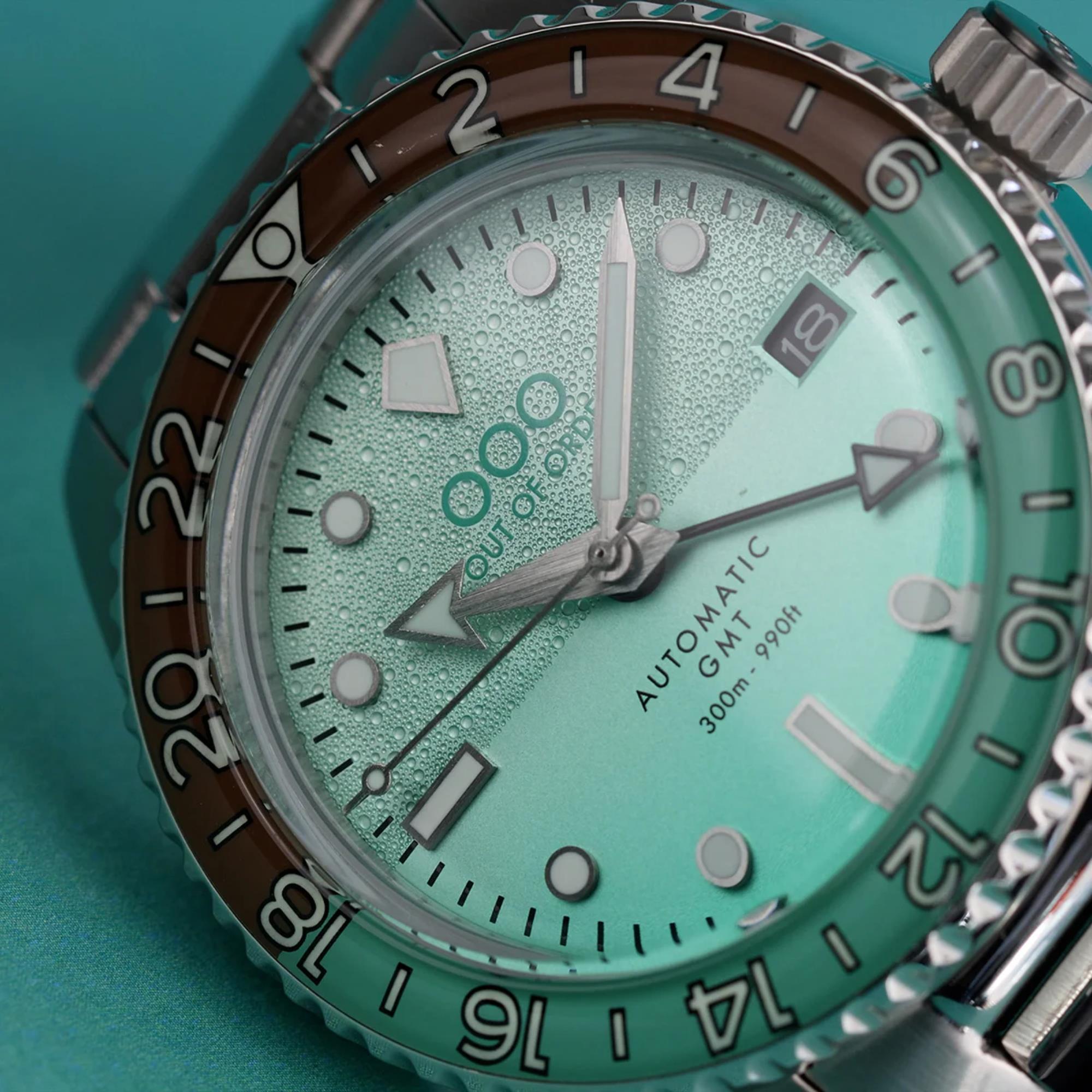 Out Of Order After 8 Shaker Automatic GMT Ultra-Brushed Mint Green Dial Steel Strap Men's Watch OOO.001-25.AE.BAND.SS