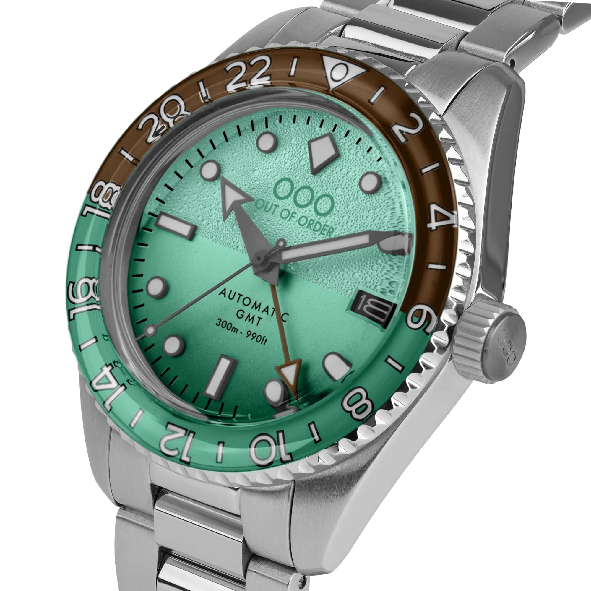 Out Of Order After 8 Shaker Automatic GMT Ultra-Brushed Mint Green Dial Steel Strap Men's Watch OOO.001-25.AE.BAND.SS