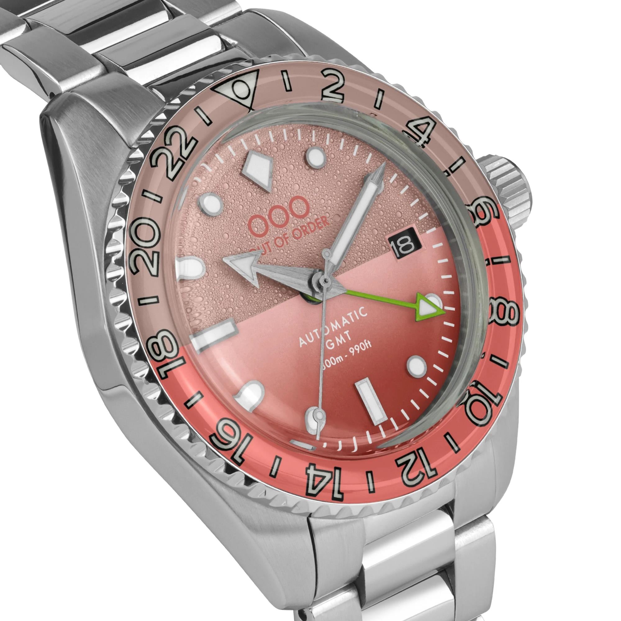 Out Of Order Paloma Shaker Automatic GMT Ultra Brushed Pink Dial Steel Strap Men's Watch OOO.001-25.PA.BAND.SS