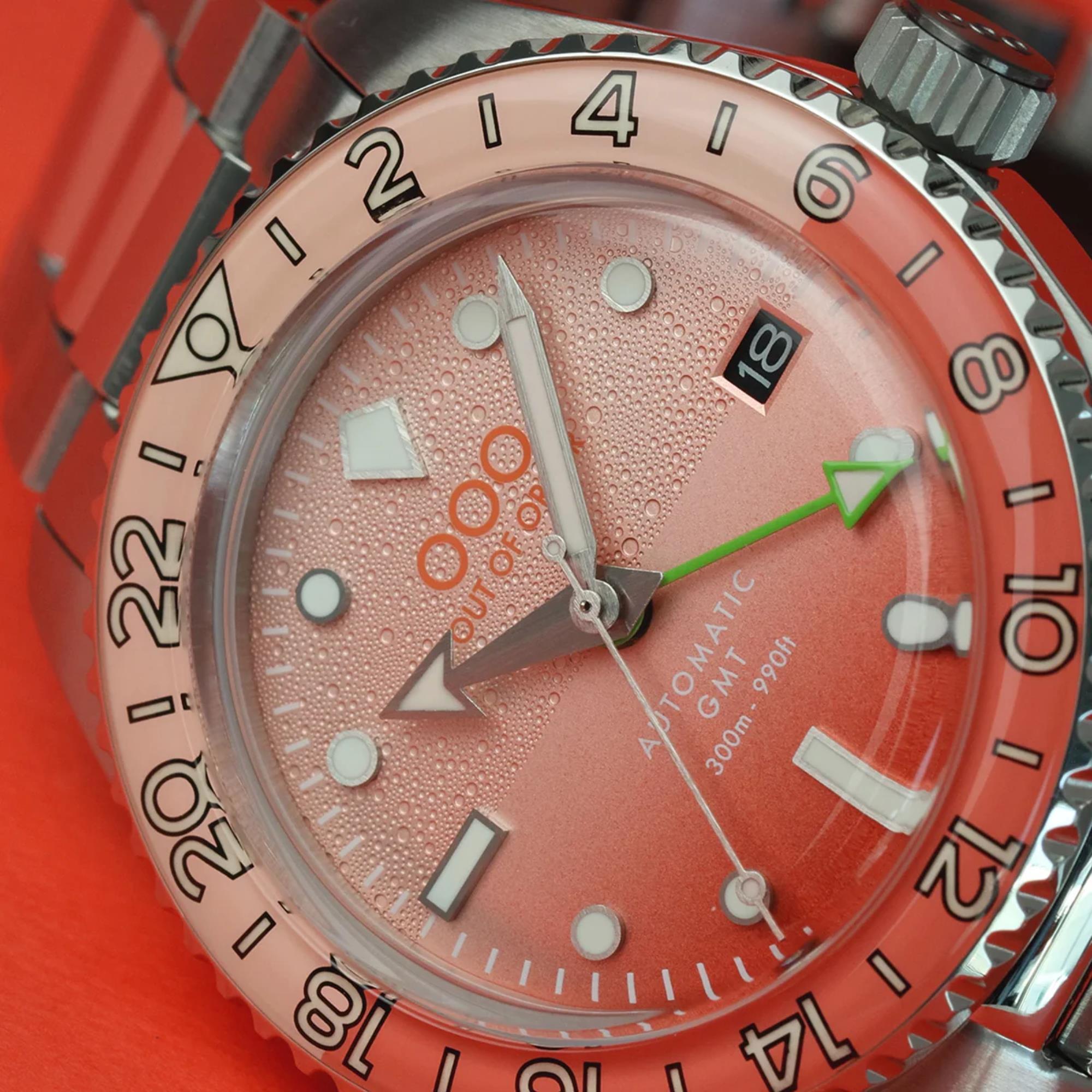 Out Of Order Paloma Shaker Automatic GMT Ultra Brushed Pink Dial Steel Strap Men's Watch OOO.001-25.PA.BAND.SS