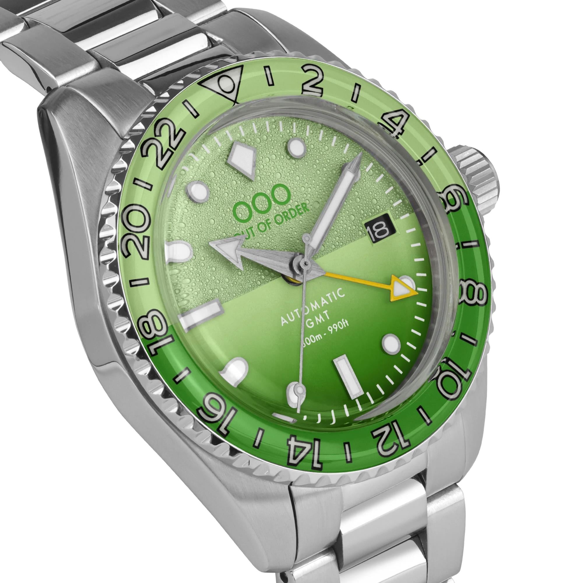 Out Of Order Midori Shaker Automatic GMT Ultra-Brushed Green Dial Steel Strap Men's Watch OOO.001-25.MI.BAND.SS