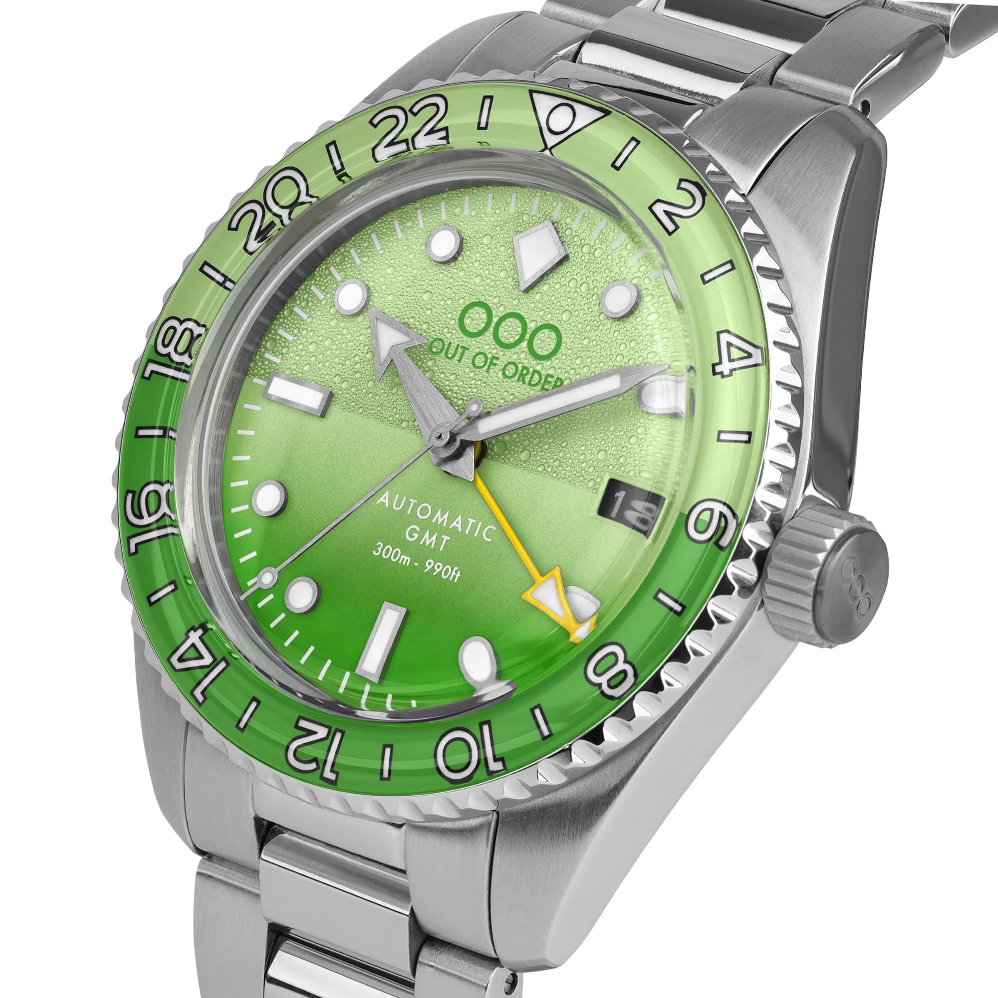 Out Of Order Midori Shaker Automatic GMT Ultra-Brushed Green Dial Steel Strap Men's Watch OOO.001-25.MI.BAND.SS