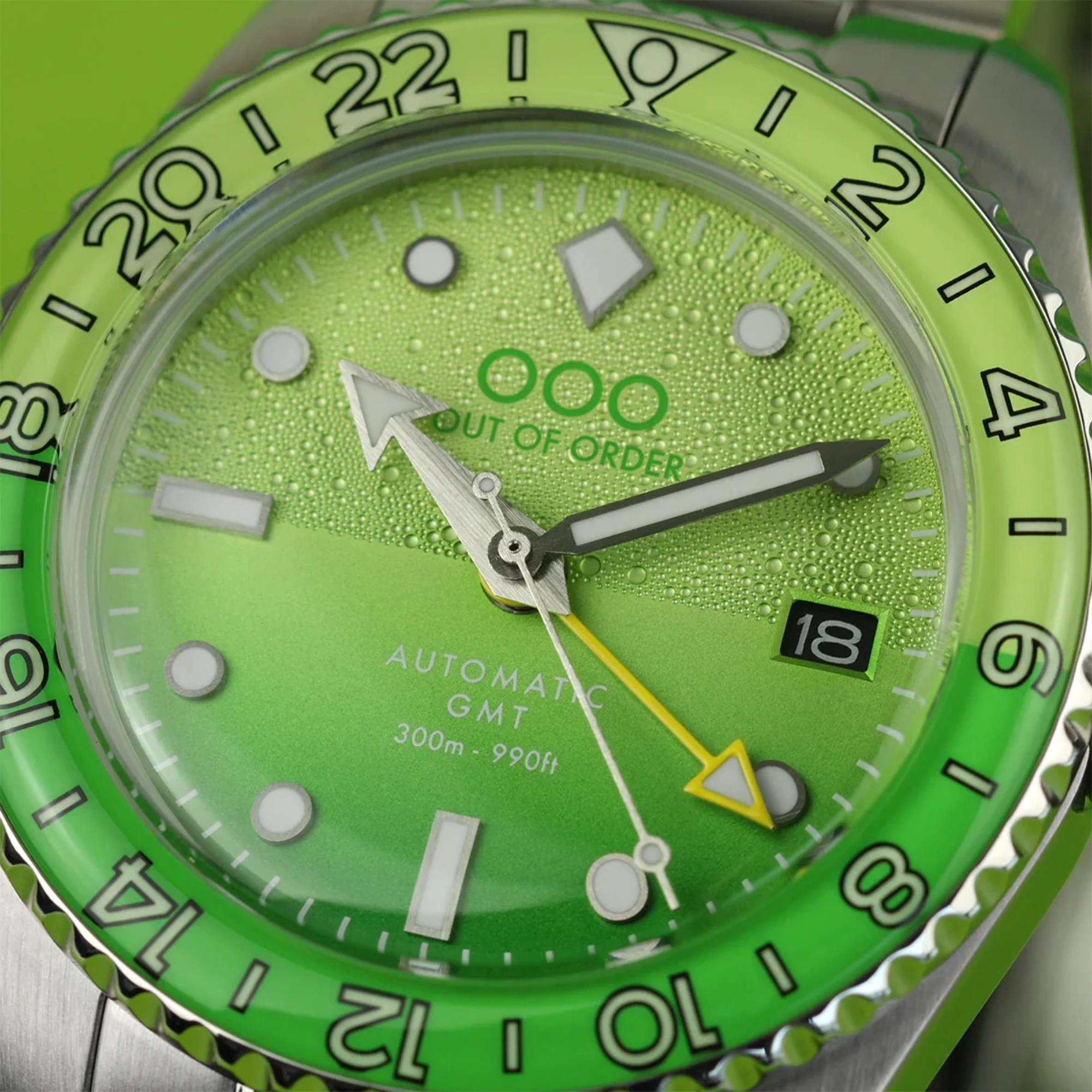 Out Of Order Midori Shaker Automatic GMT Ultra-Brushed Green Dial Steel Strap Men's Watch OOO.001-25.MI.BAND.SS