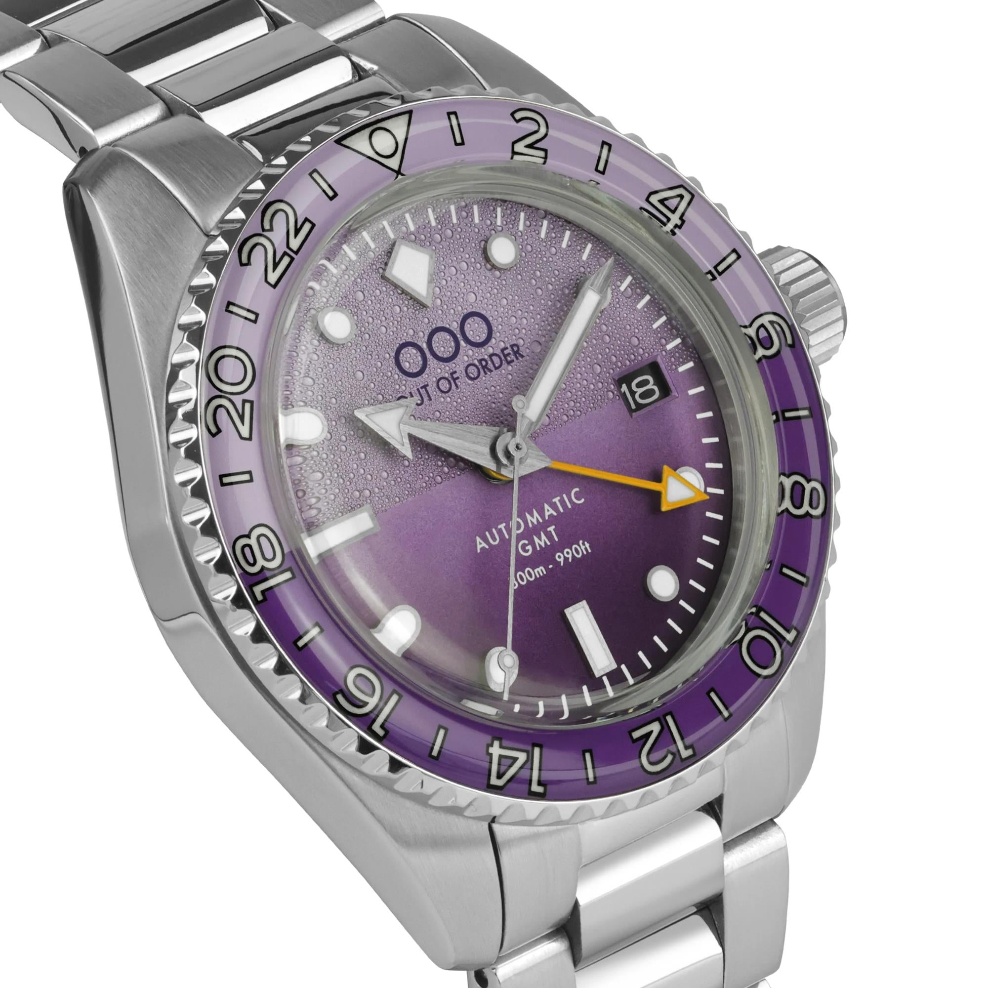 Out Of Order Shaker Automatic GMT Ultra-Brushed Purple Dial Steel Strap Men's Watch OOO.001-25.LA.BAND.SS