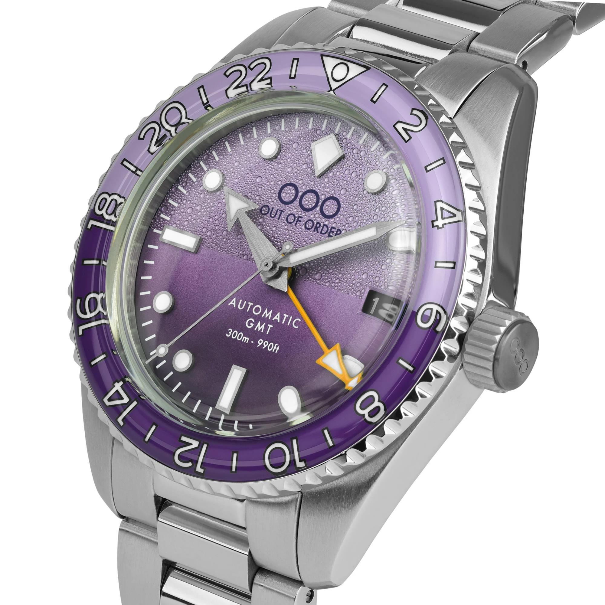 Out Of Order Shaker Automatic GMT Ultra-Brushed Purple Dial Steel Strap Men's Watch OOO.001-25.LA.BAND.SS