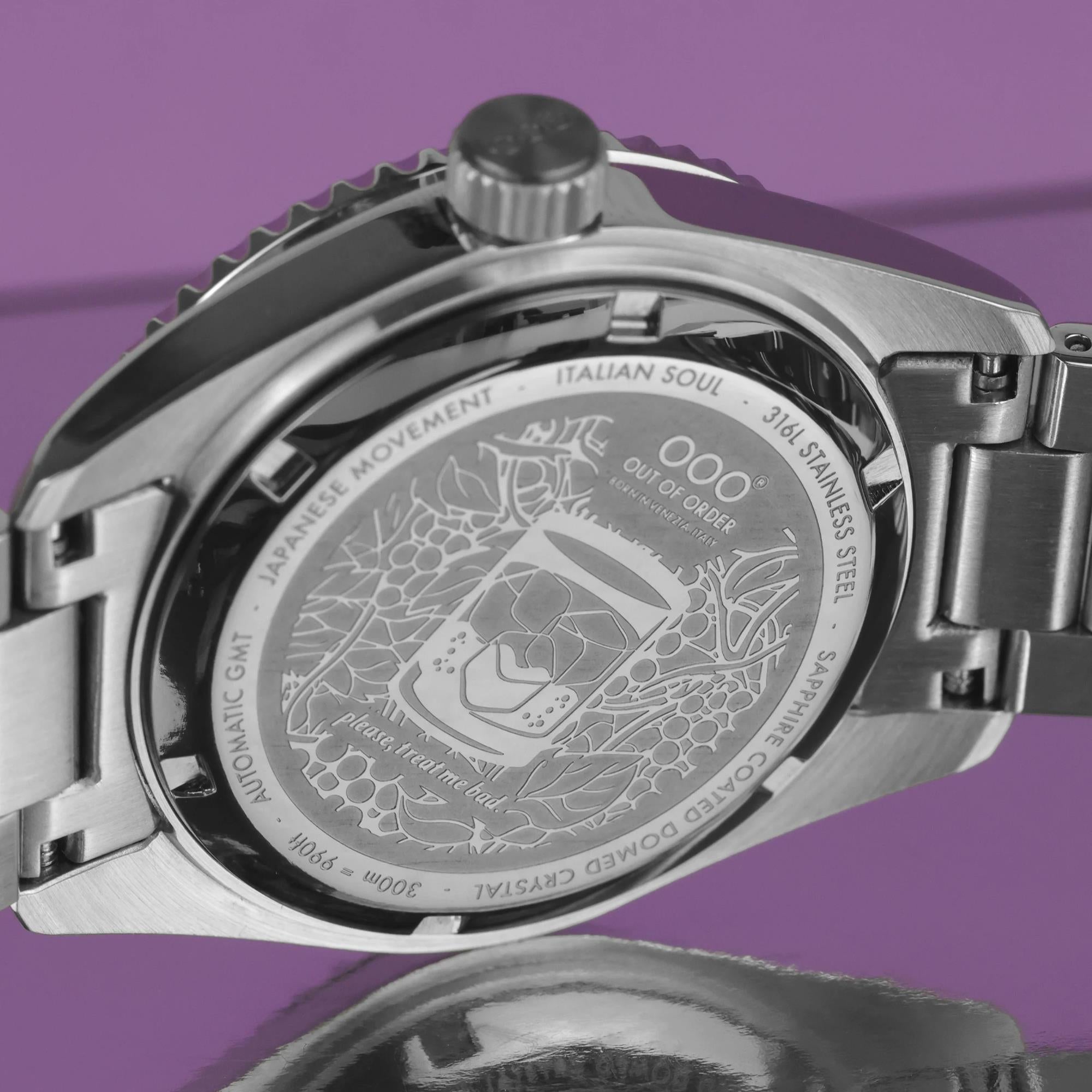 Out Of Order Shaker Automatic GMT Ultra-Brushed Purple Dial Steel Strap Men's Watch OOO.001-25.LA.BAND.SS