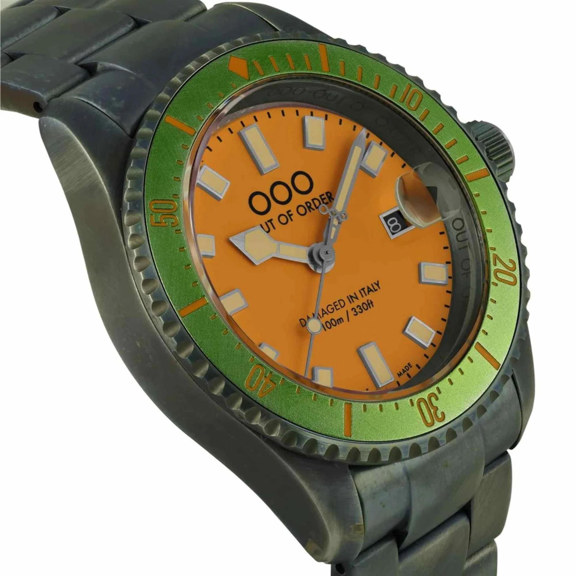 Out of Order Casanova Ultra Distressed Quartz Orange Dial Steel Strap Men's Watch OOO.001-18.MEL