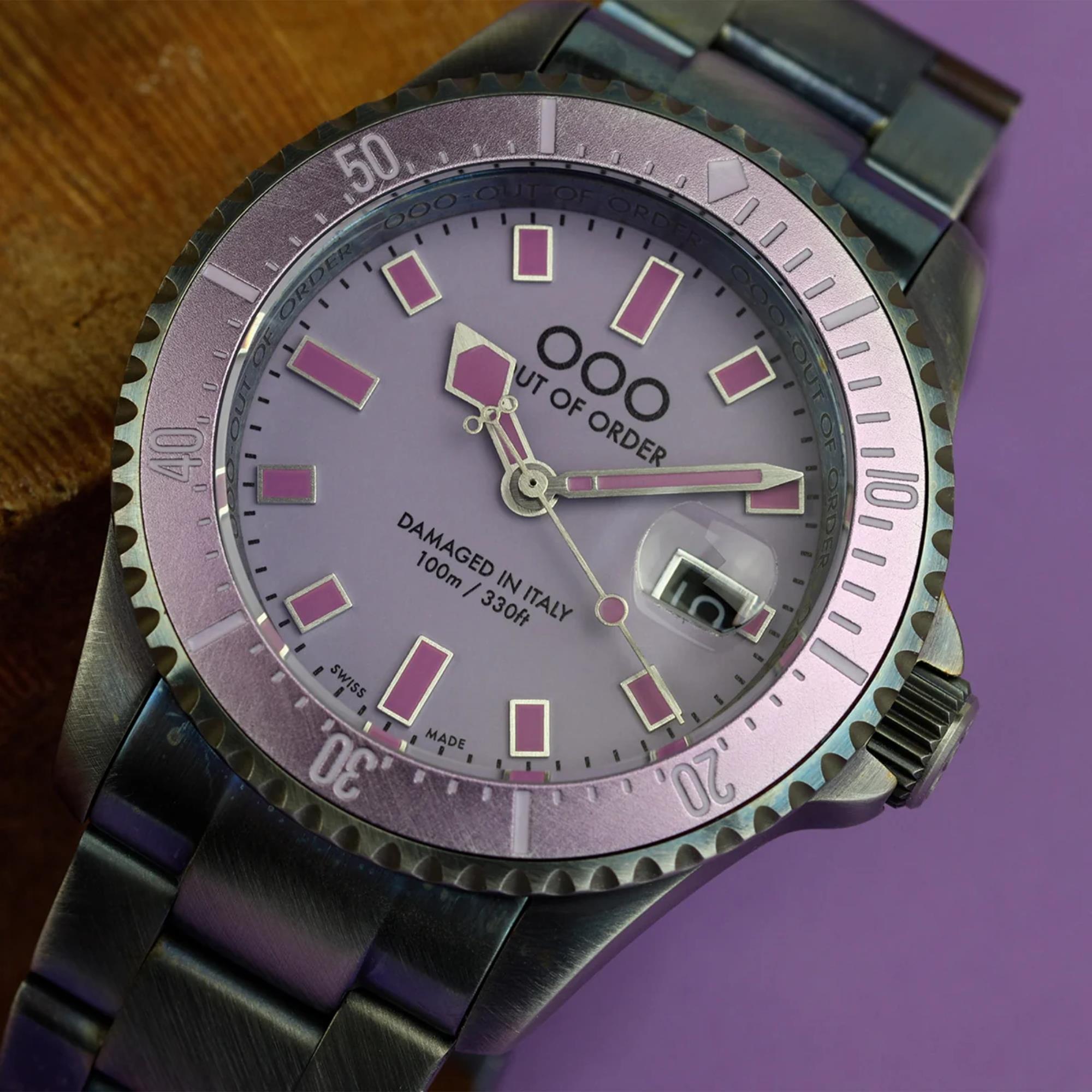 Out of Order Casanova Ultra Distressed Quartz Purple Dial Steel Strap Men's Watch OOO.001-27.MI