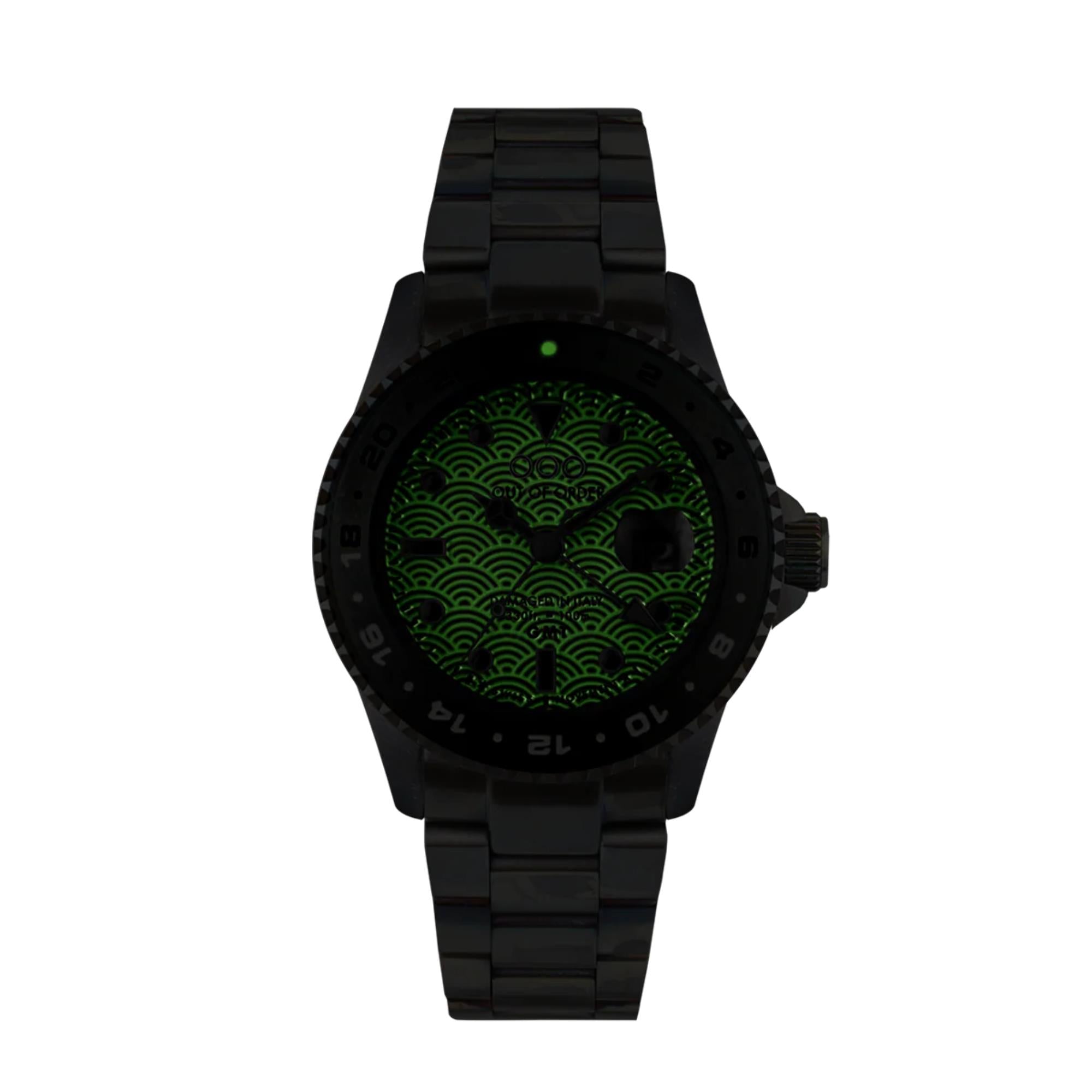 Out of Order GMT Tokyo Shibuya Swiss Made Ultra Distressed Dark Grey Dial Steel Strap Men's Watch OOO.001-19.TS