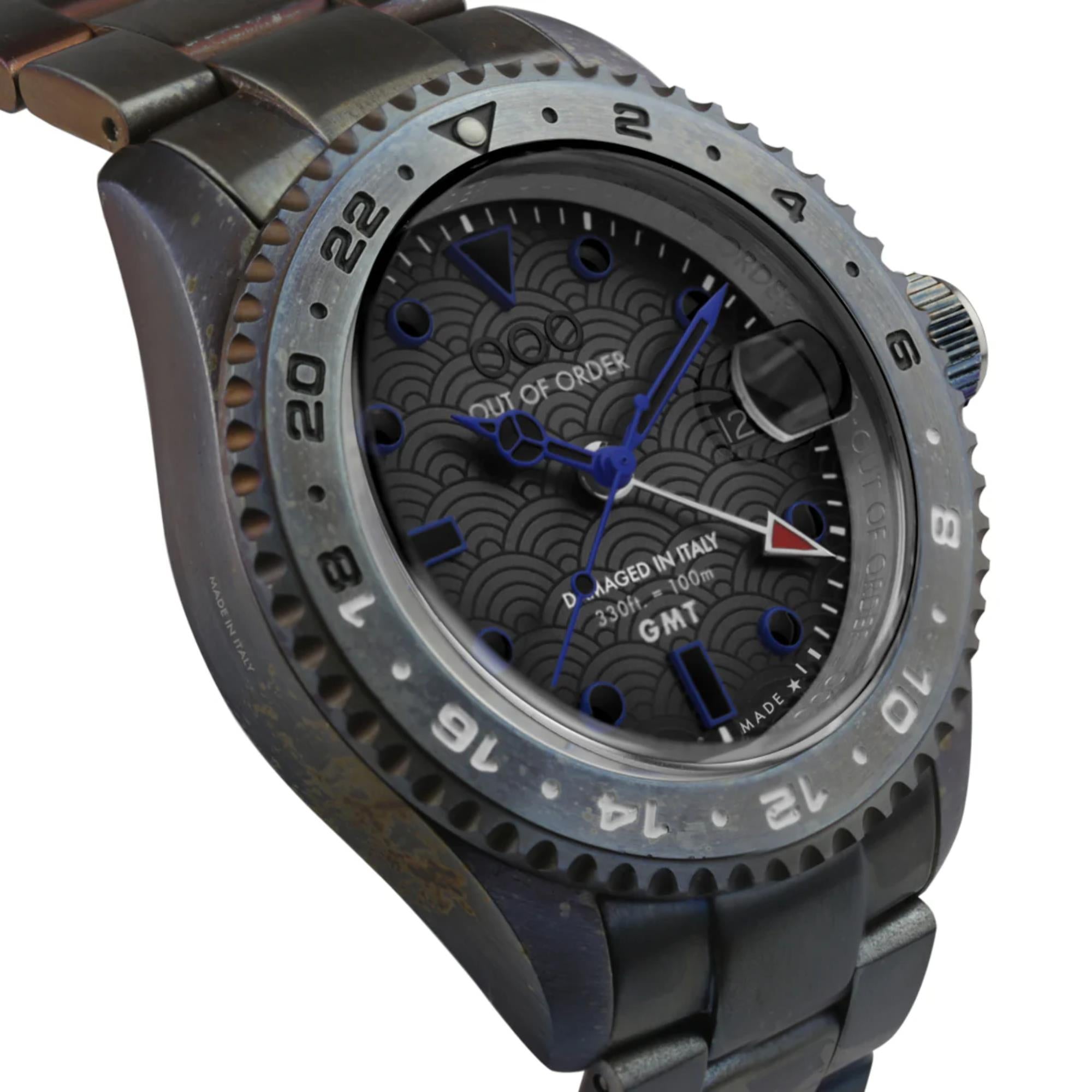 Out of Order GMT Tokyo Shibuya Swiss Made Ultra Distressed Dark Grey Dial Steel Strap Men's Watch OOO.001-19.TS