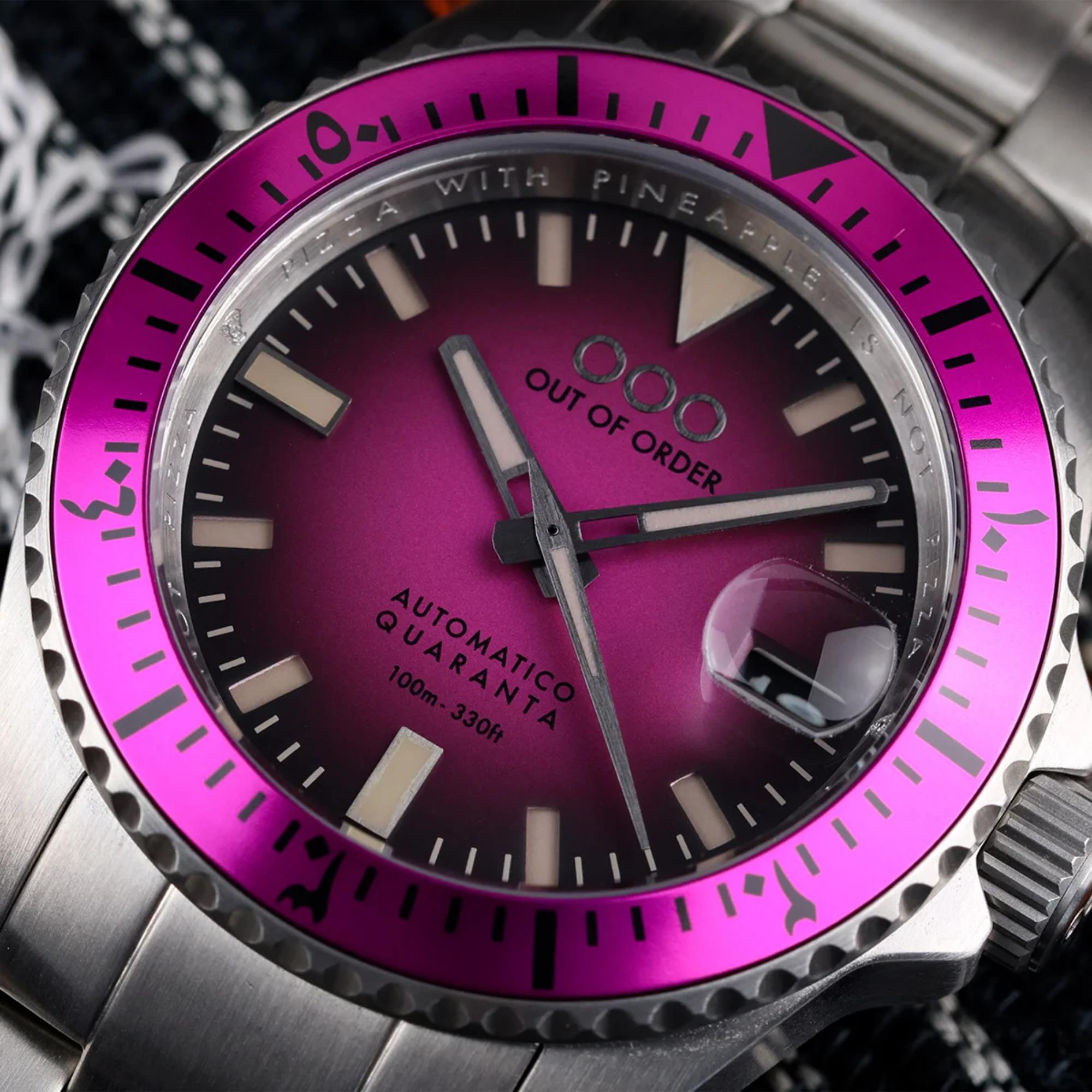 Out of Order Automatico Quaranta Ultra Brushed Magenta Dial Steel Strap Men's Watch OOO.001-21.FX.SS