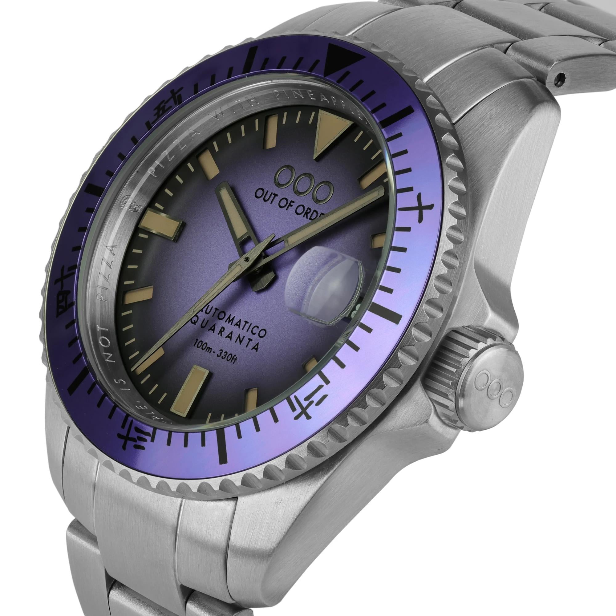 Out Of Order Indigo Automatico Quaranta Ultra Brushed Purple Dial Steel Strap Men's Watch OOO.001-21.LI.SS
