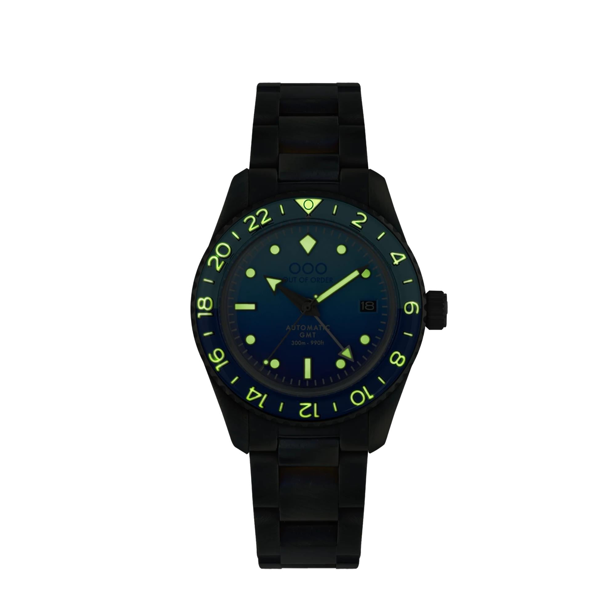 Out Of Order Bomba Blu Shaker Automatic GMT Ultra Brushed Blue Dial Steel Strap Men's Watch OOO.001-25.BB.BAND