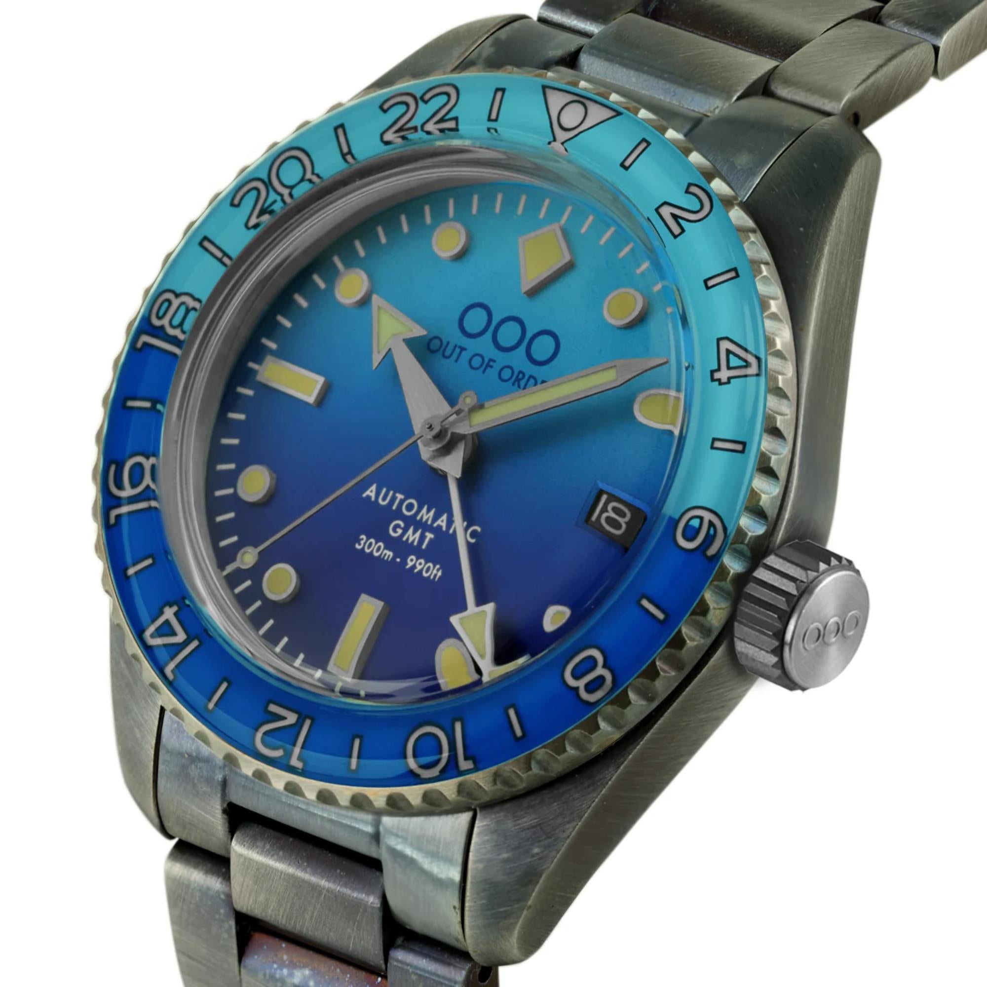 Out Of Order Bomba Blu Shaker Automatic GMT Ultra Brushed Blue Dial Steel Strap Men's Watch OOO.001-25.BB.BAND