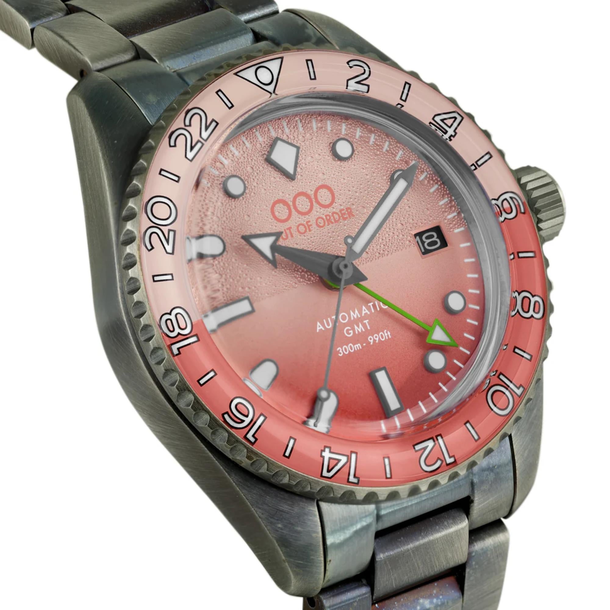 Out Of Order Paloma Shaker Automatic GMT Ultra Distressed Pink Dial Steel Strap Men's Watch OOO.001-25.PA.BAND