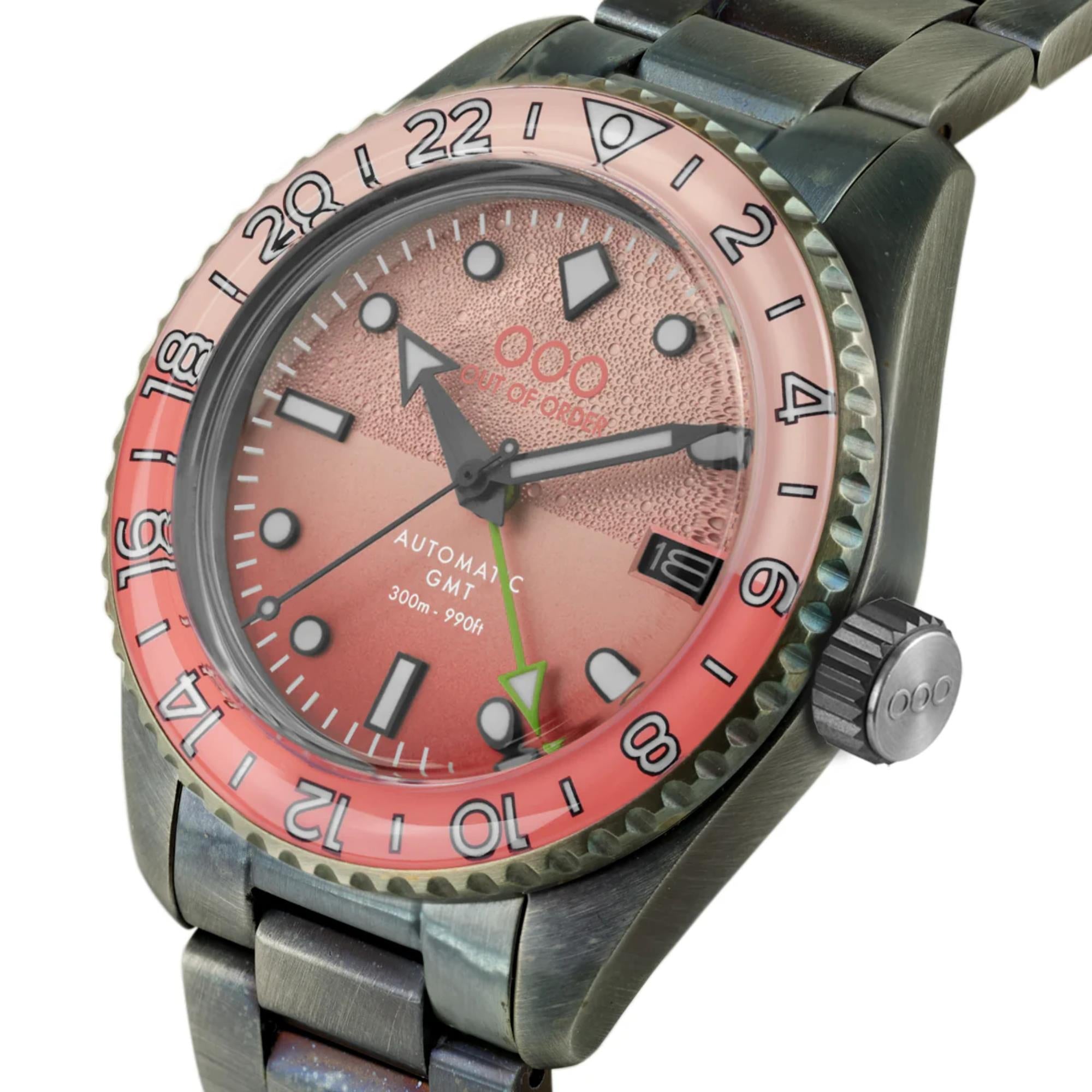 Out Of Order Paloma Shaker Automatic GMT Ultra Distressed Pink Dial Steel Strap Men's Watch OOO.001-25.PA.BAND