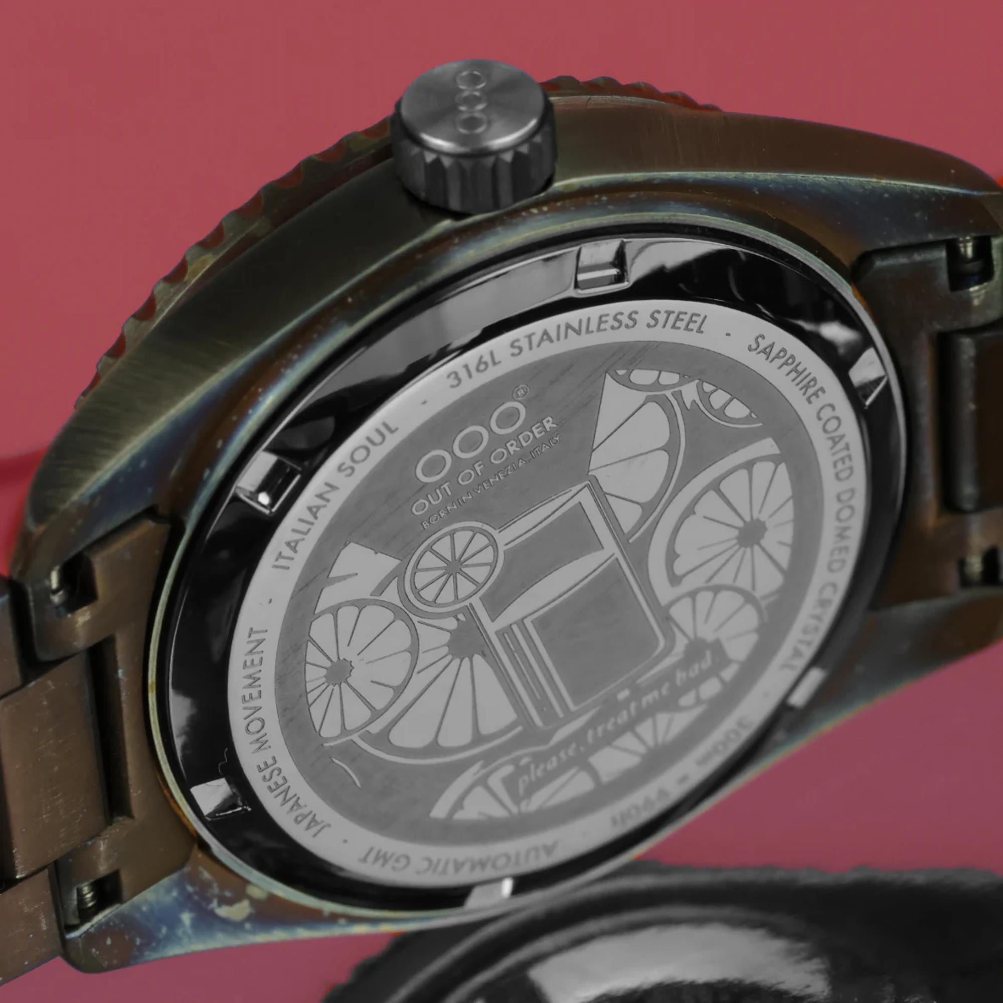 Out Of Order Paloma Shaker Automatic GMT Ultra Distressed Pink Dial Steel Strap Men's Watch OOO.001-25.PA.BAND