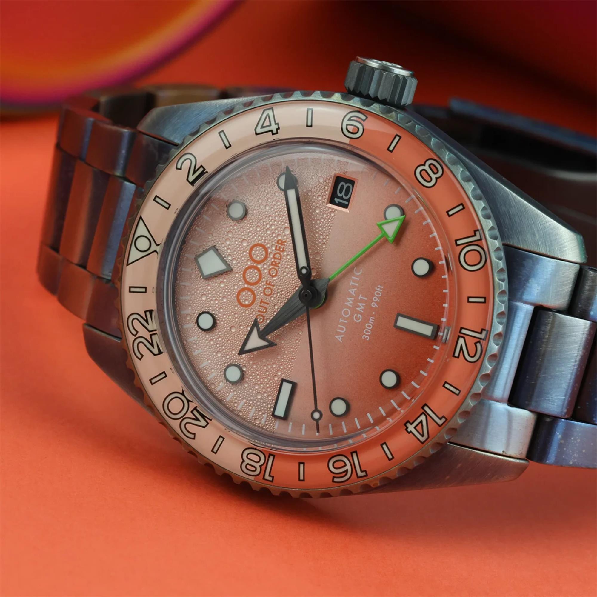 Out Of Order Paloma Shaker Automatic GMT Ultra Distressed Pink Dial Steel Strap Men's Watch OOO.001-25.PA.BAND