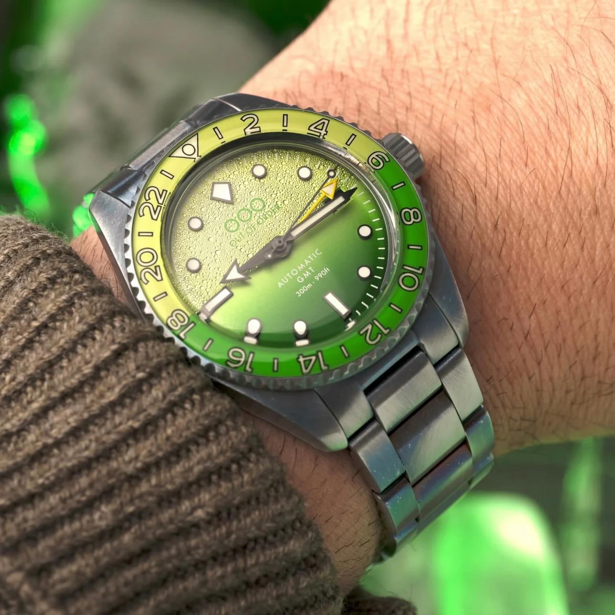 Out Of Order Midori Shaker Automatic GMT Ultra Distressed Green Dial Steel Strap Men's Watch OOO.001-25.MI.BAND