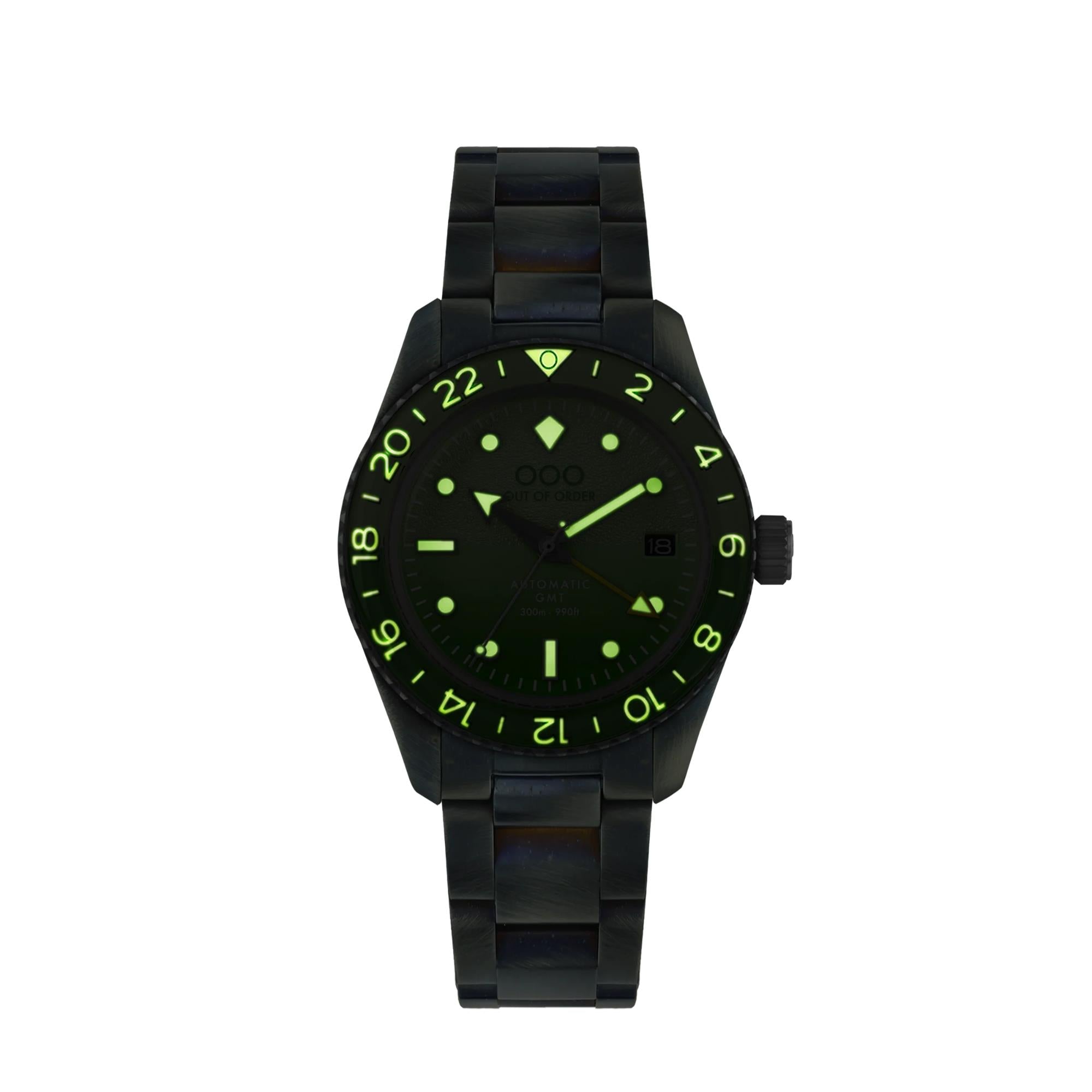 Out Of Order Midori Shaker Automatic GMT Ultra Distressed Green Dial Steel Strap Men's Watch OOO.001-25.MI.BAND