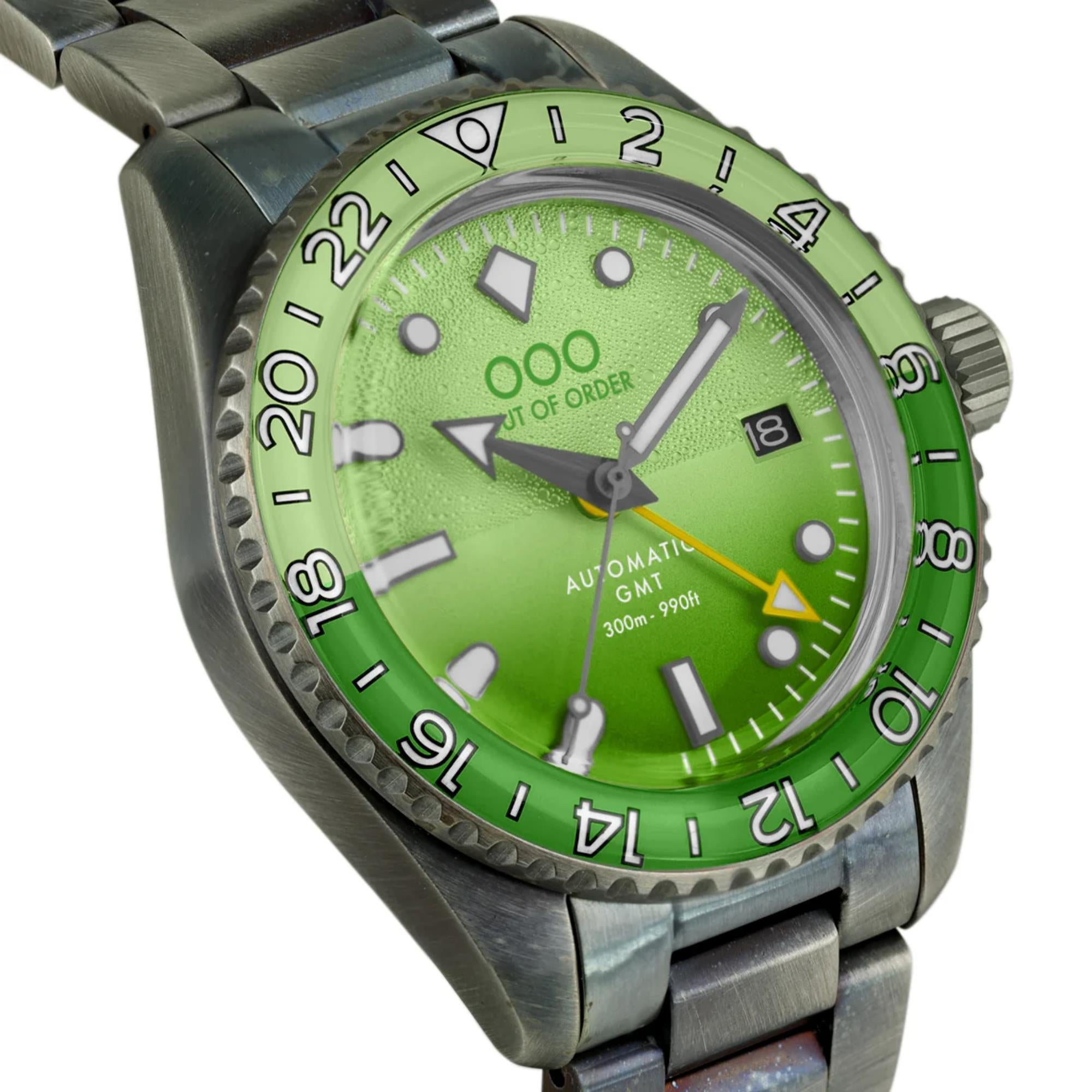 Out Of Order Midori Shaker Automatic GMT Ultra Distressed Green Dial Steel Strap Men's Watch OOO.001-25.MI.BAND