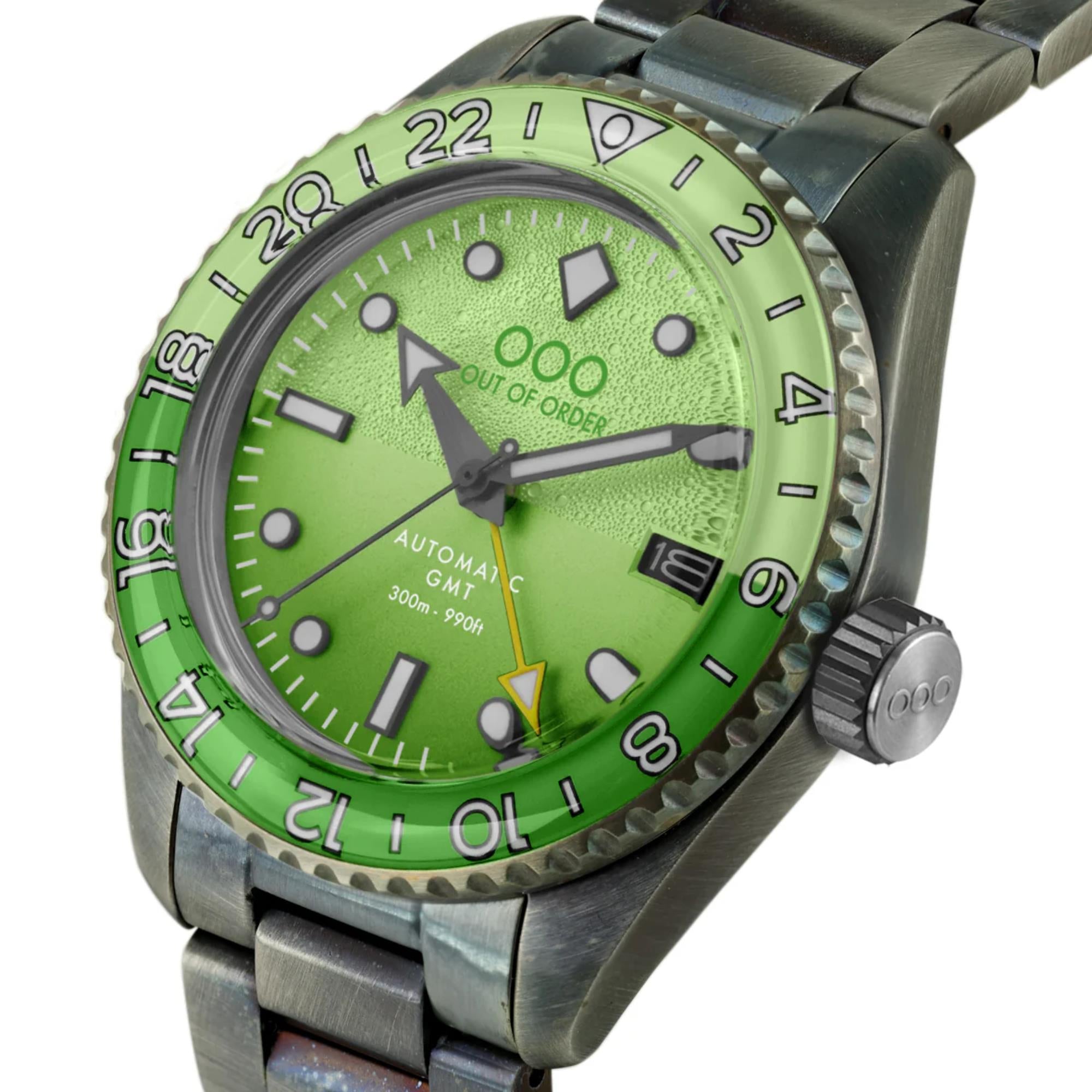 Out Of Order Midori Shaker Automatic GMT Ultra Distressed Green Dial Steel Strap Men's Watch OOO.001-25.MI.BAND